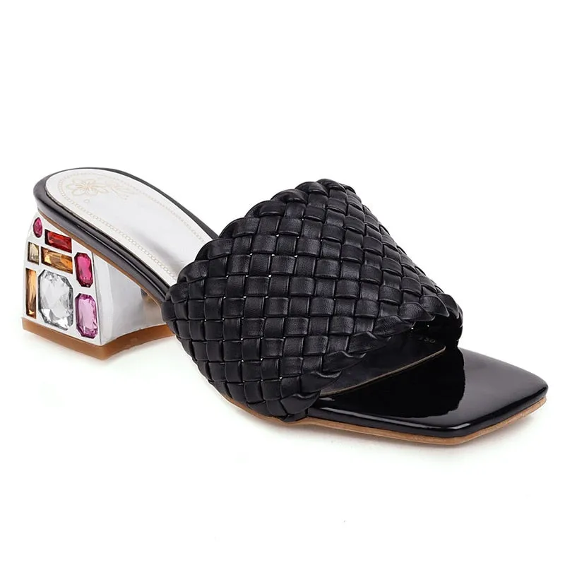 Open Toe Braided Rhinestones Chunky Heel Sandals