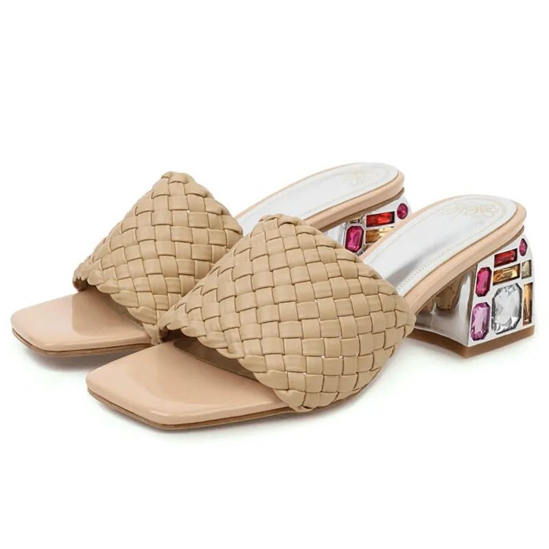 Open Toe Braided Rhinestones Chunky Heel Sandals