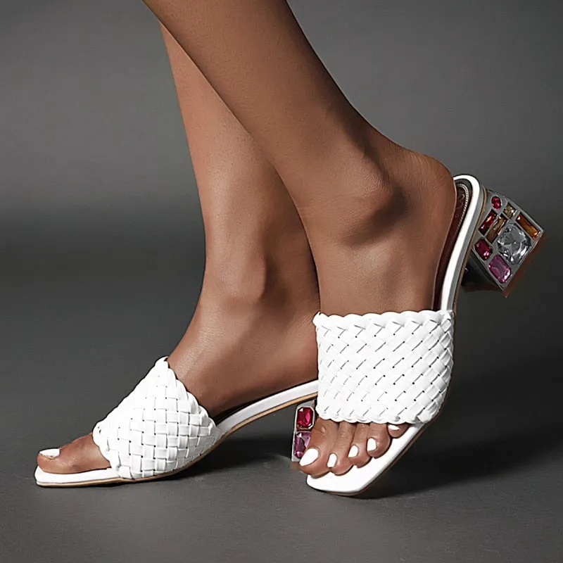 Open Toe Braided Rhinestones Chunky Heel Sandals