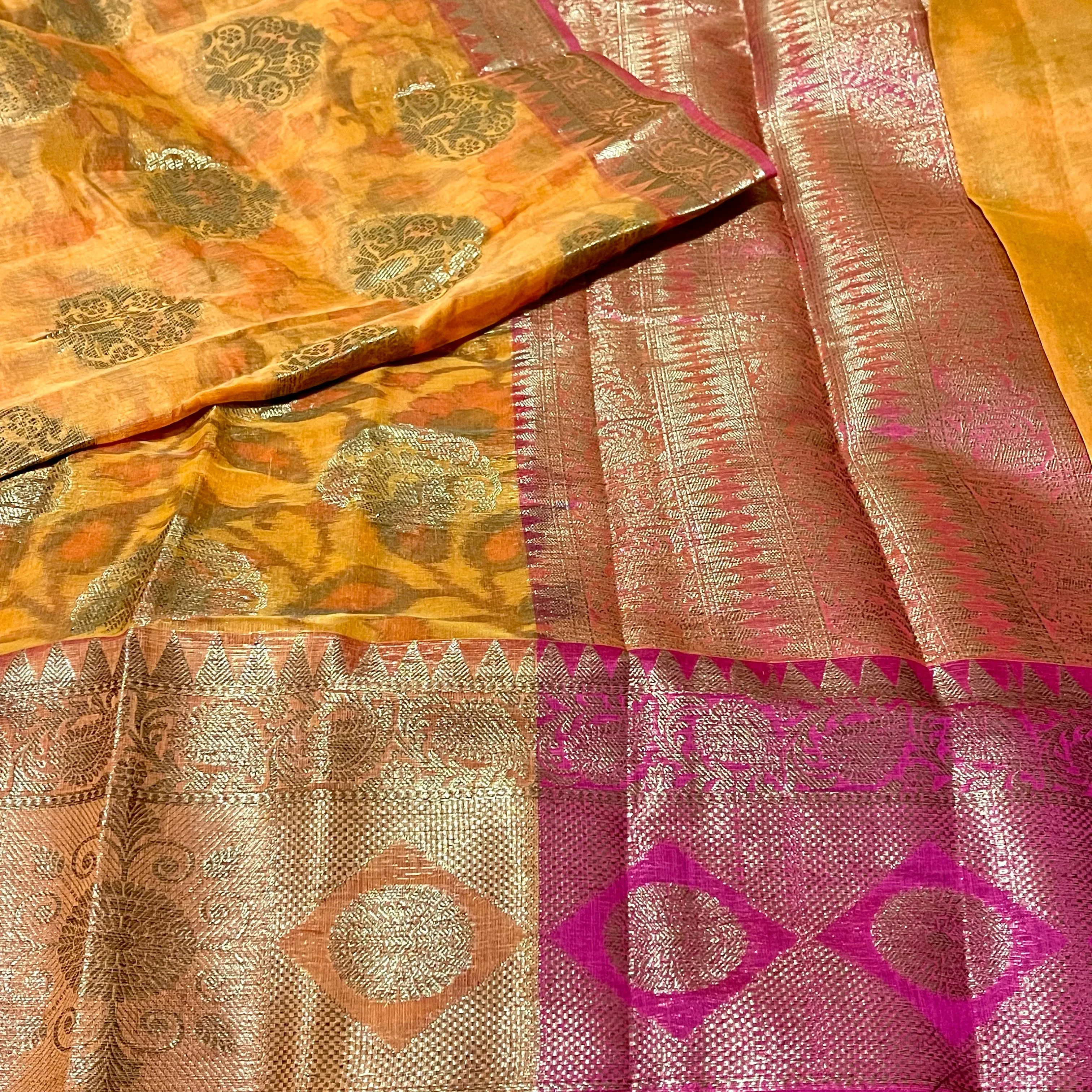 Orange and pink Chanderi Silk Saree with Stitched blouse
