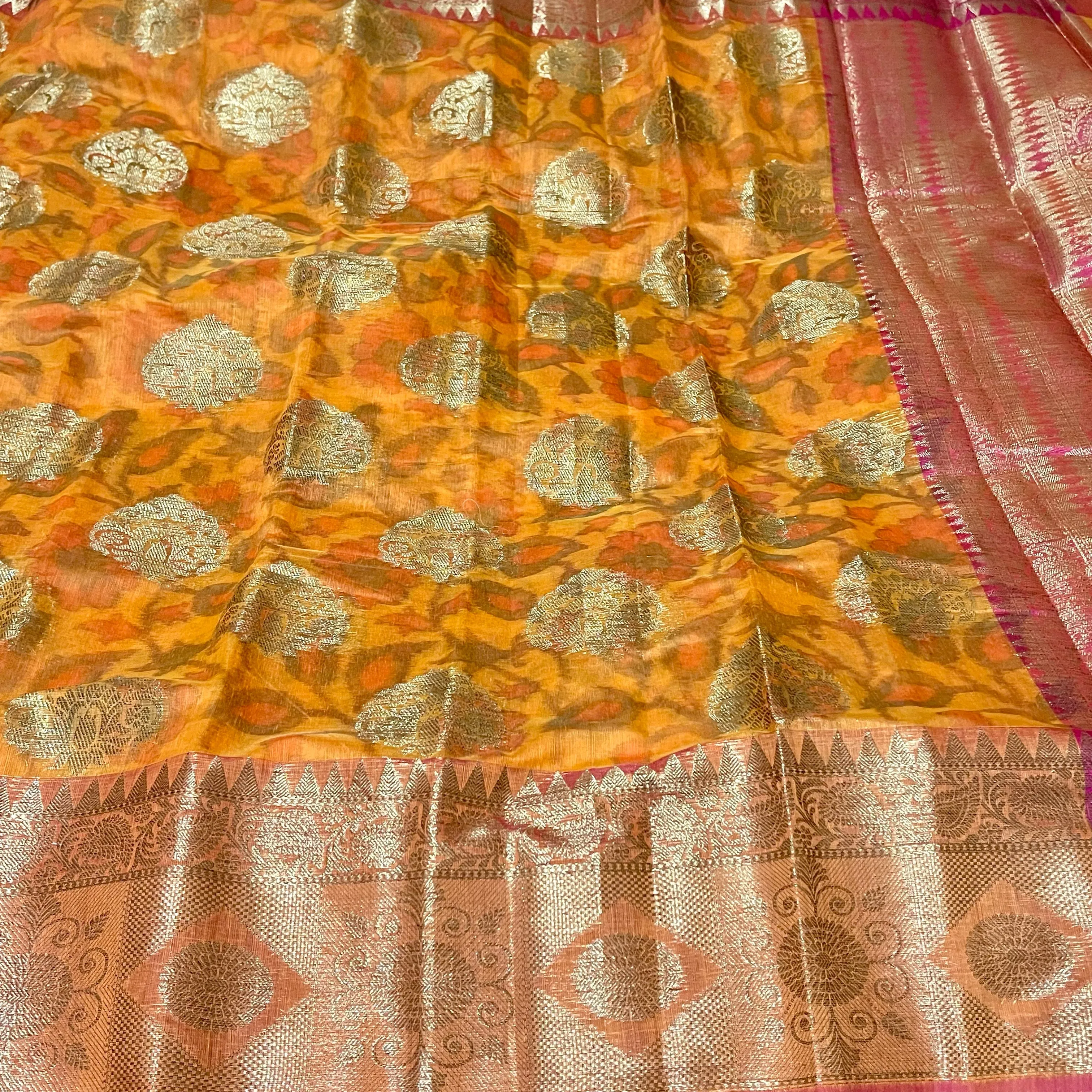 Orange and pink Chanderi Silk Saree with Stitched blouse