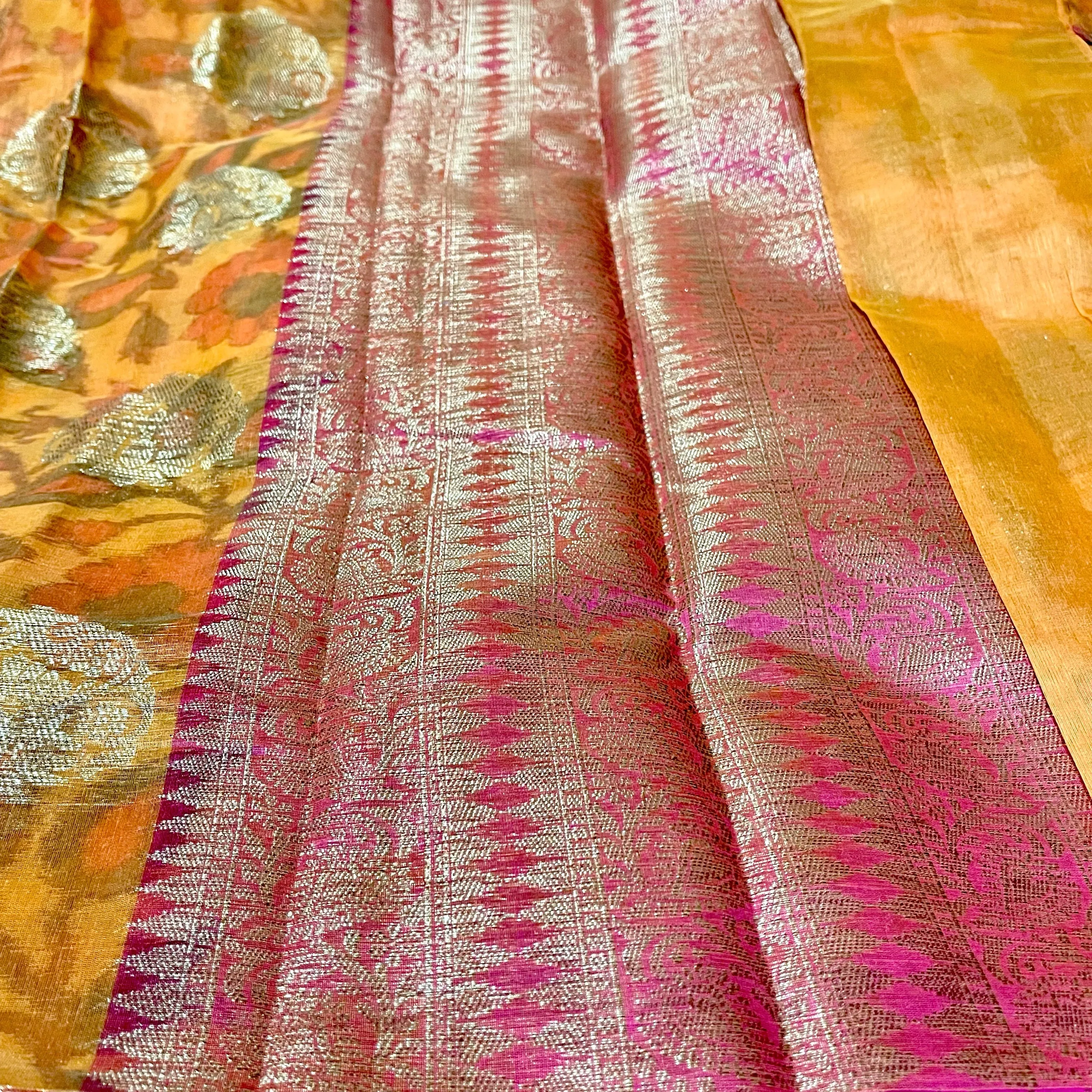 Orange and pink Chanderi Silk Saree with Stitched blouse