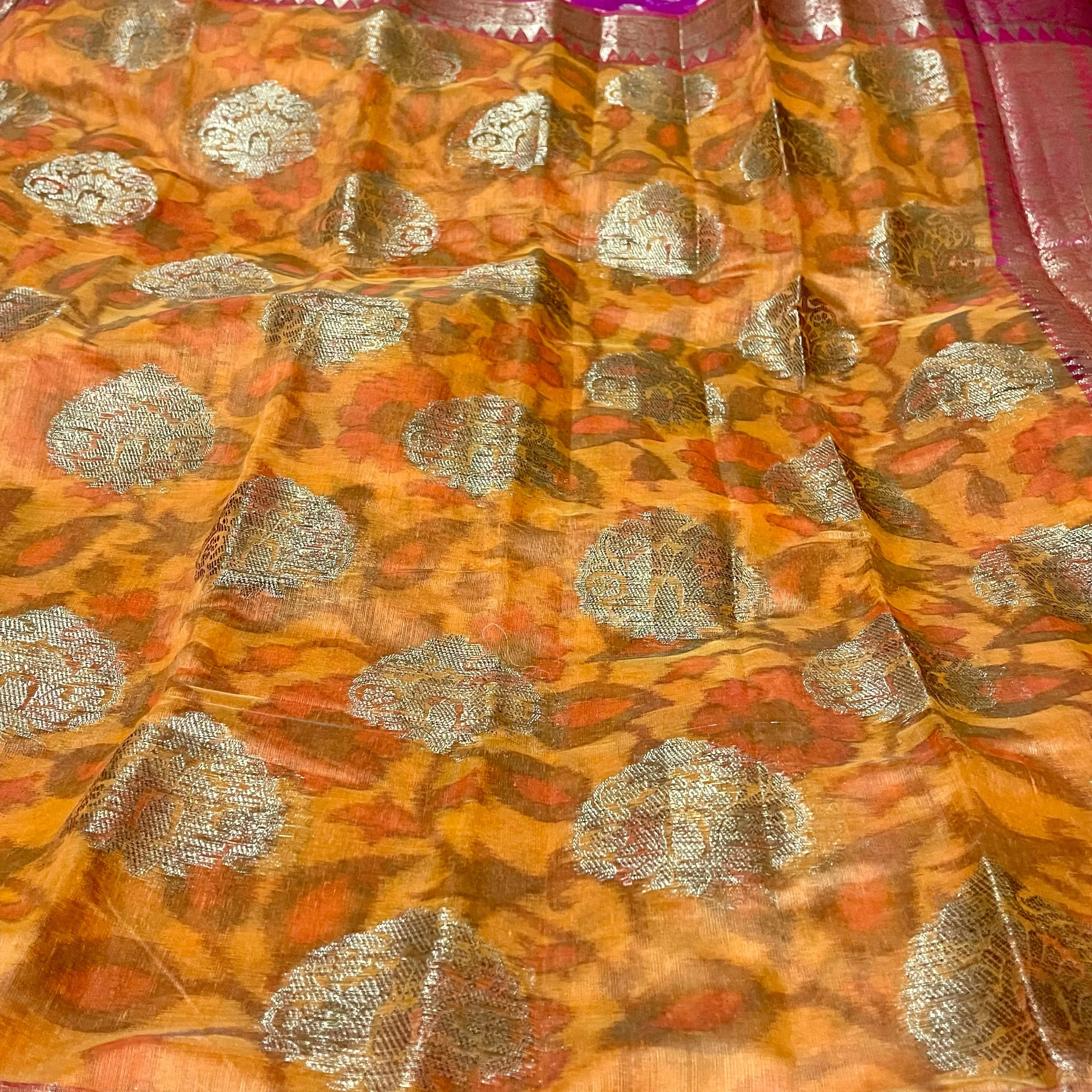 Orange and pink Chanderi Silk Saree with Stitched blouse