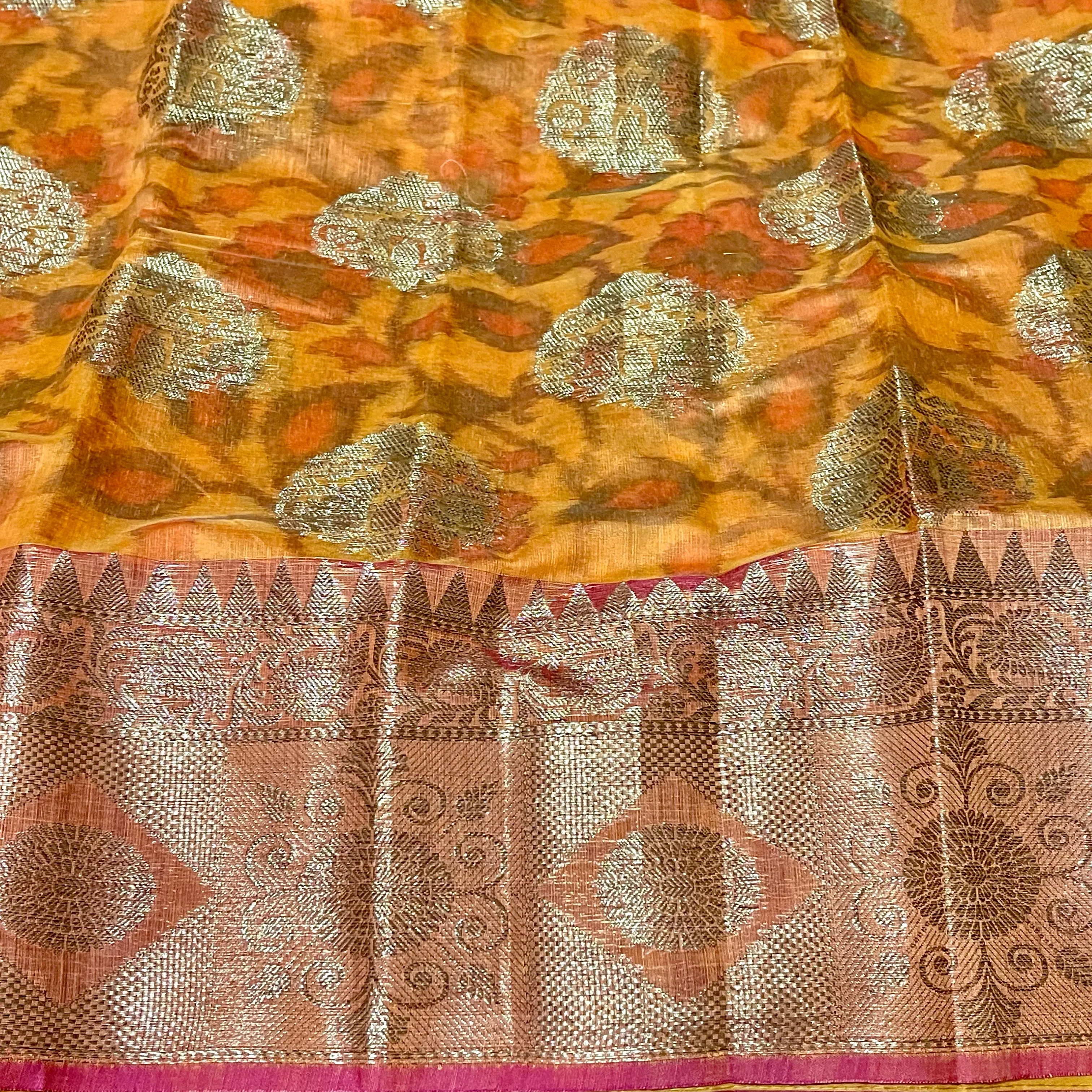 Orange and pink Chanderi Silk Saree with Stitched blouse
