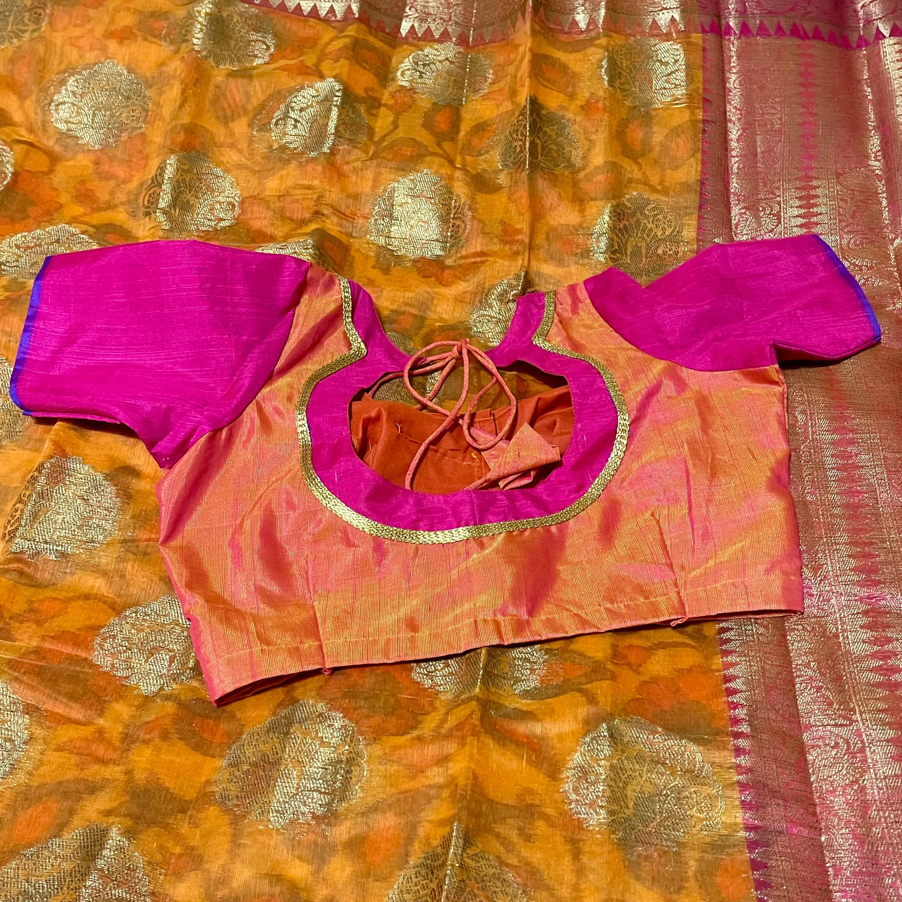 Orange and pink Chanderi Silk Saree with Stitched blouse