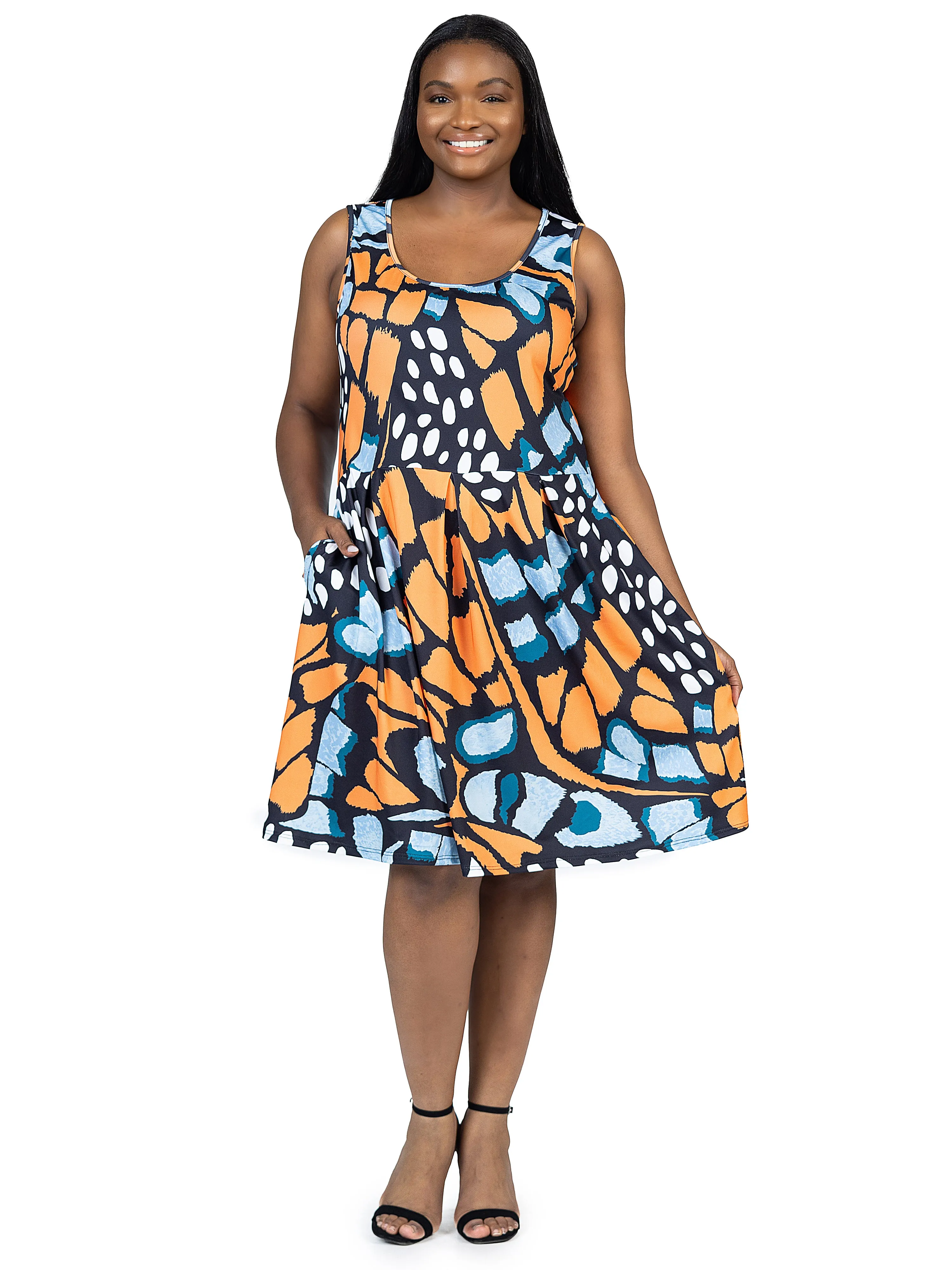Orange Butterfly Print Plus Size Sleeveless Pleated Knee Length Pocket Dress