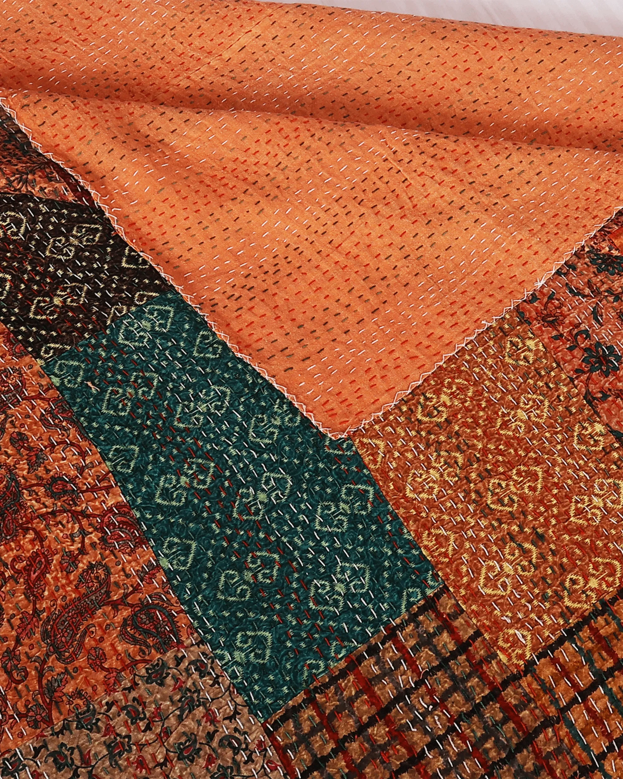 Orange Hand Block Patchwork Printed Hand Kantha Double Bed Dohar/Bed Cover