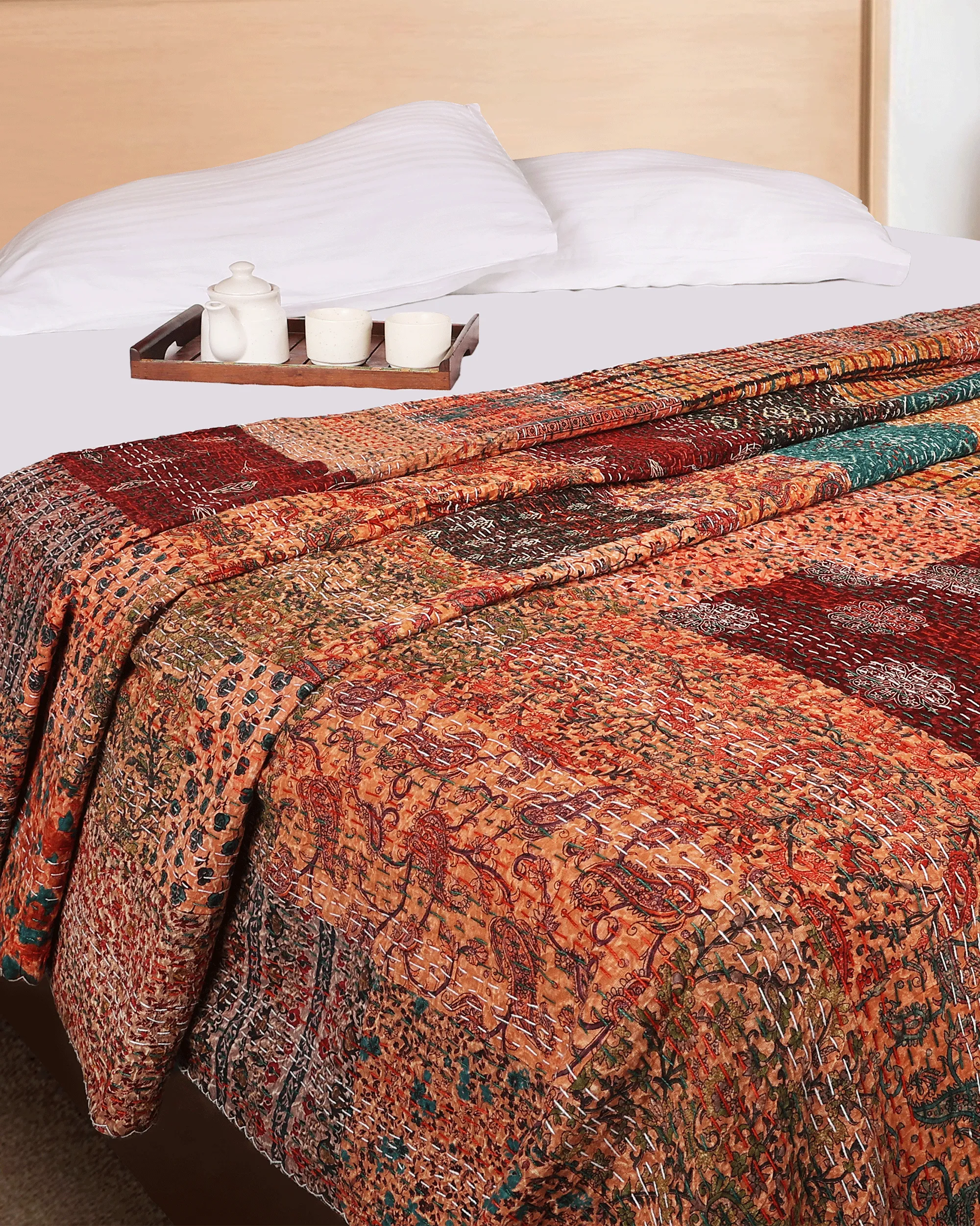 Orange Hand Block Patchwork Printed Hand Kantha Double Bed Dohar/Bed Cover