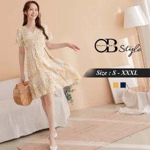 ORANGEBEAR GEOMETRY PRINTED V-NECK DRESS