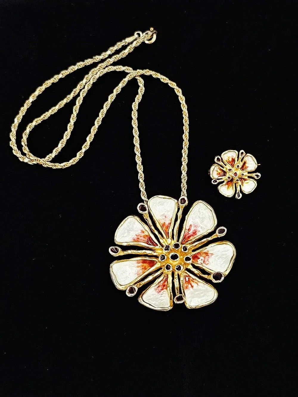Otteren David Andersen Sterling Enamel HUGE Flower Necklace & Pin SET 1960s
