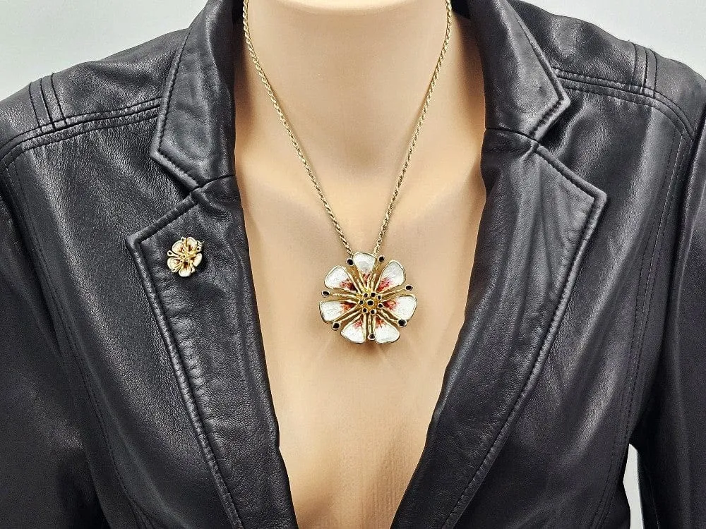 Otteren David Andersen Sterling Enamel HUGE Flower Necklace & Pin SET 1960s