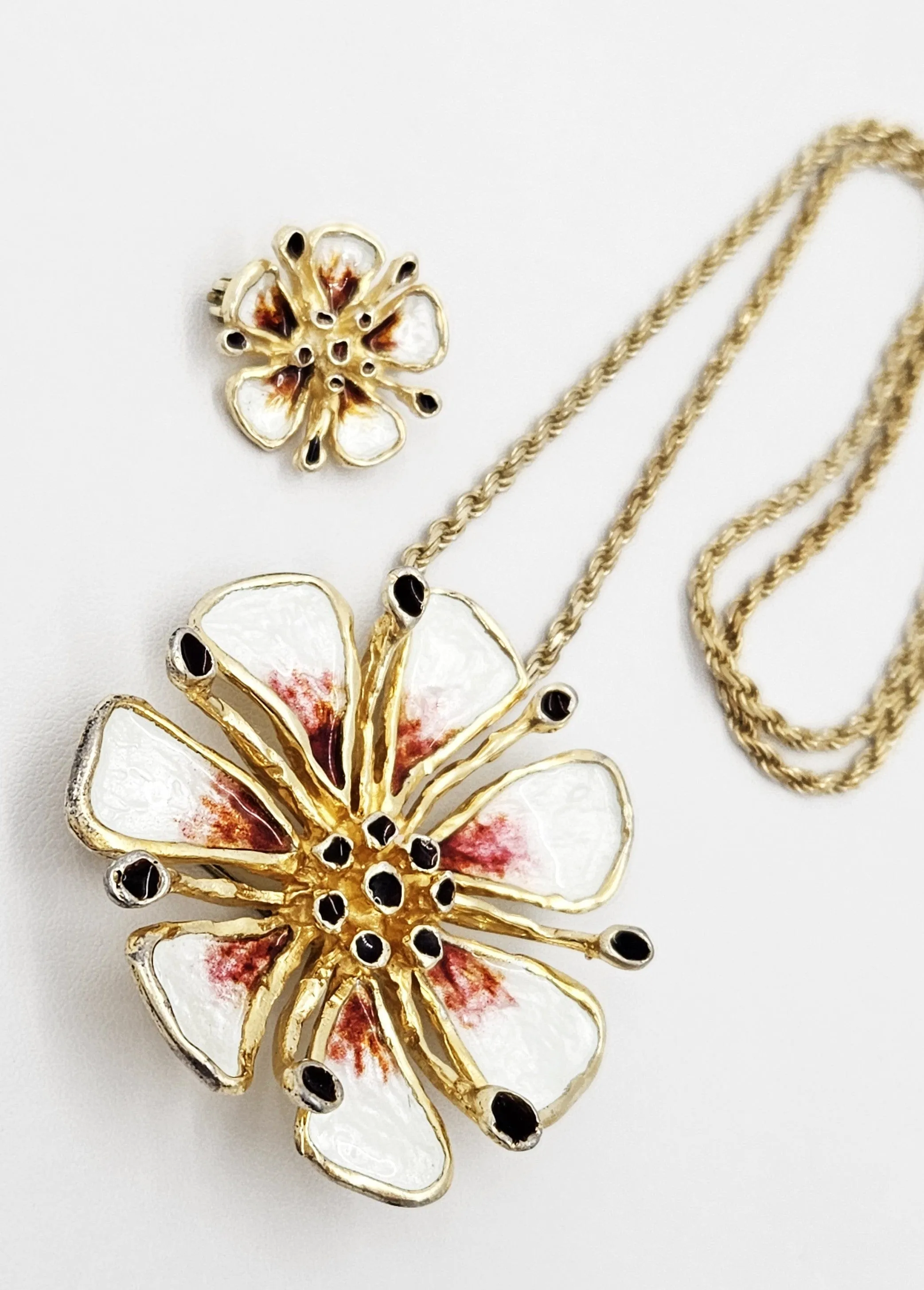 Otteren David Andersen Sterling Enamel HUGE Flower Necklace & Pin SET 1960s