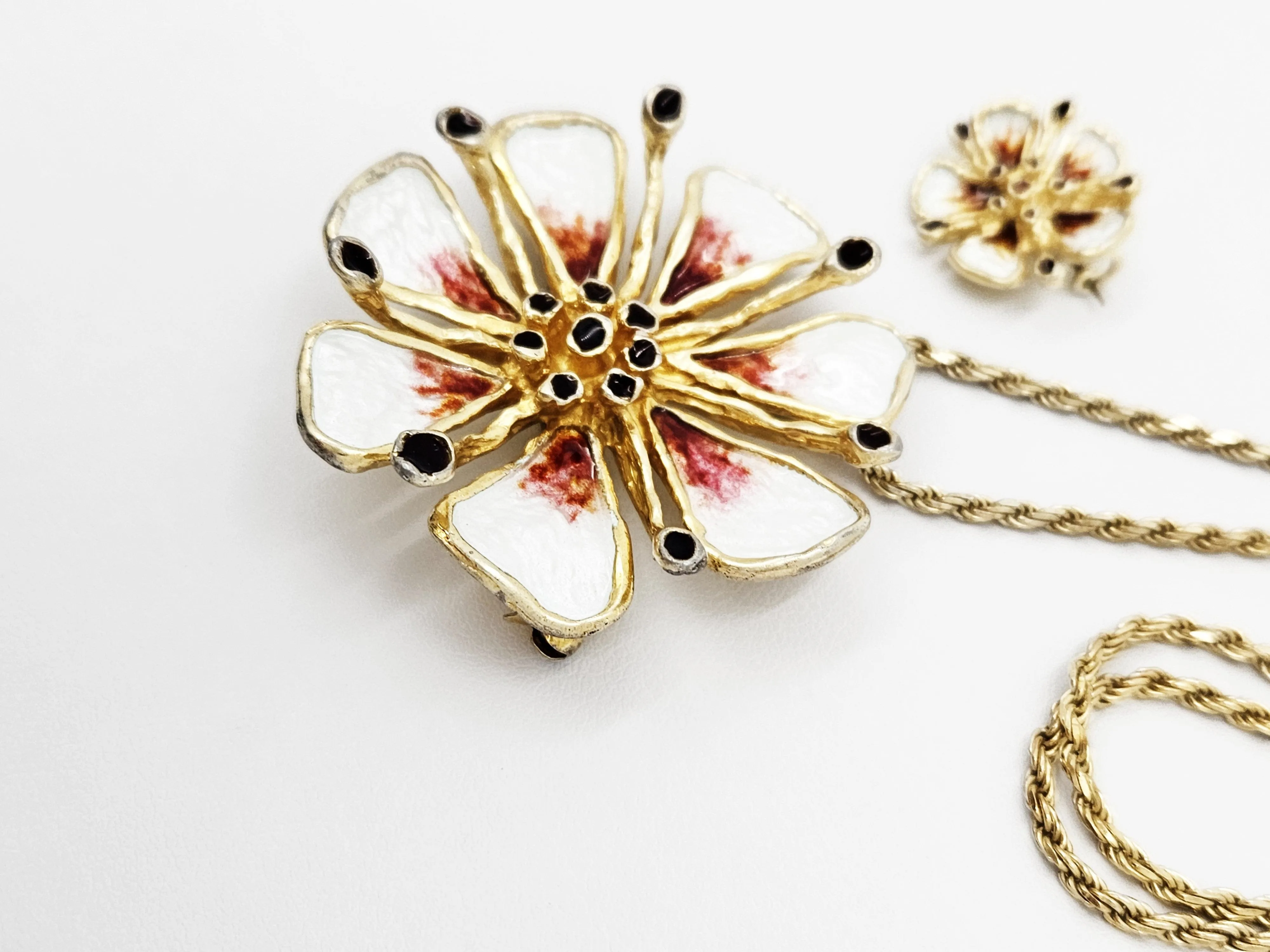 Otteren David Andersen Sterling Enamel HUGE Flower Necklace & Pin SET 1960s