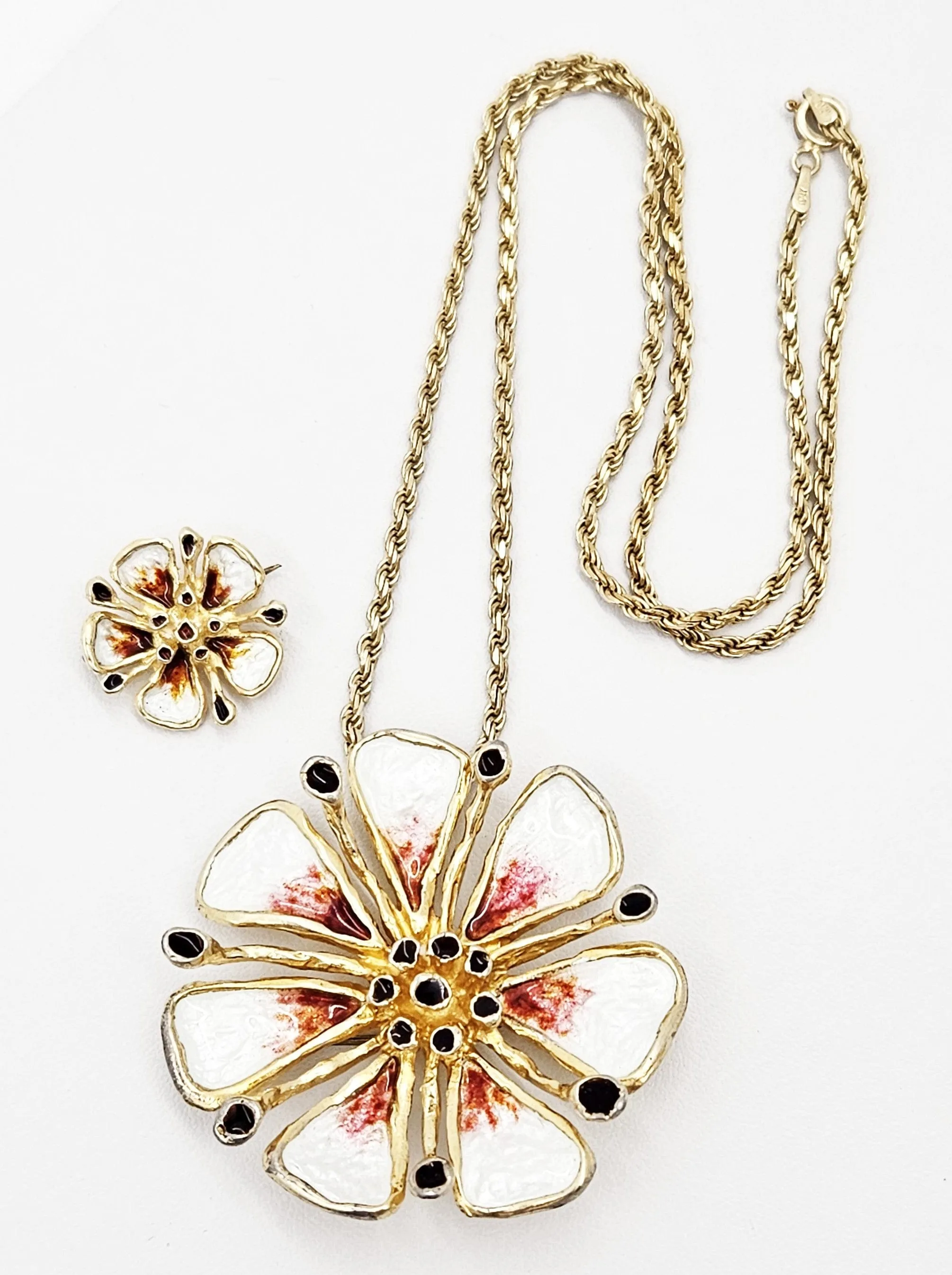 Otteren David Andersen Sterling Enamel HUGE Flower Necklace & Pin SET 1960s