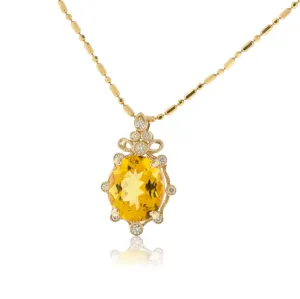 Oval Shaped Golden Beryl - Heliodor Pendant with Diamond Accents