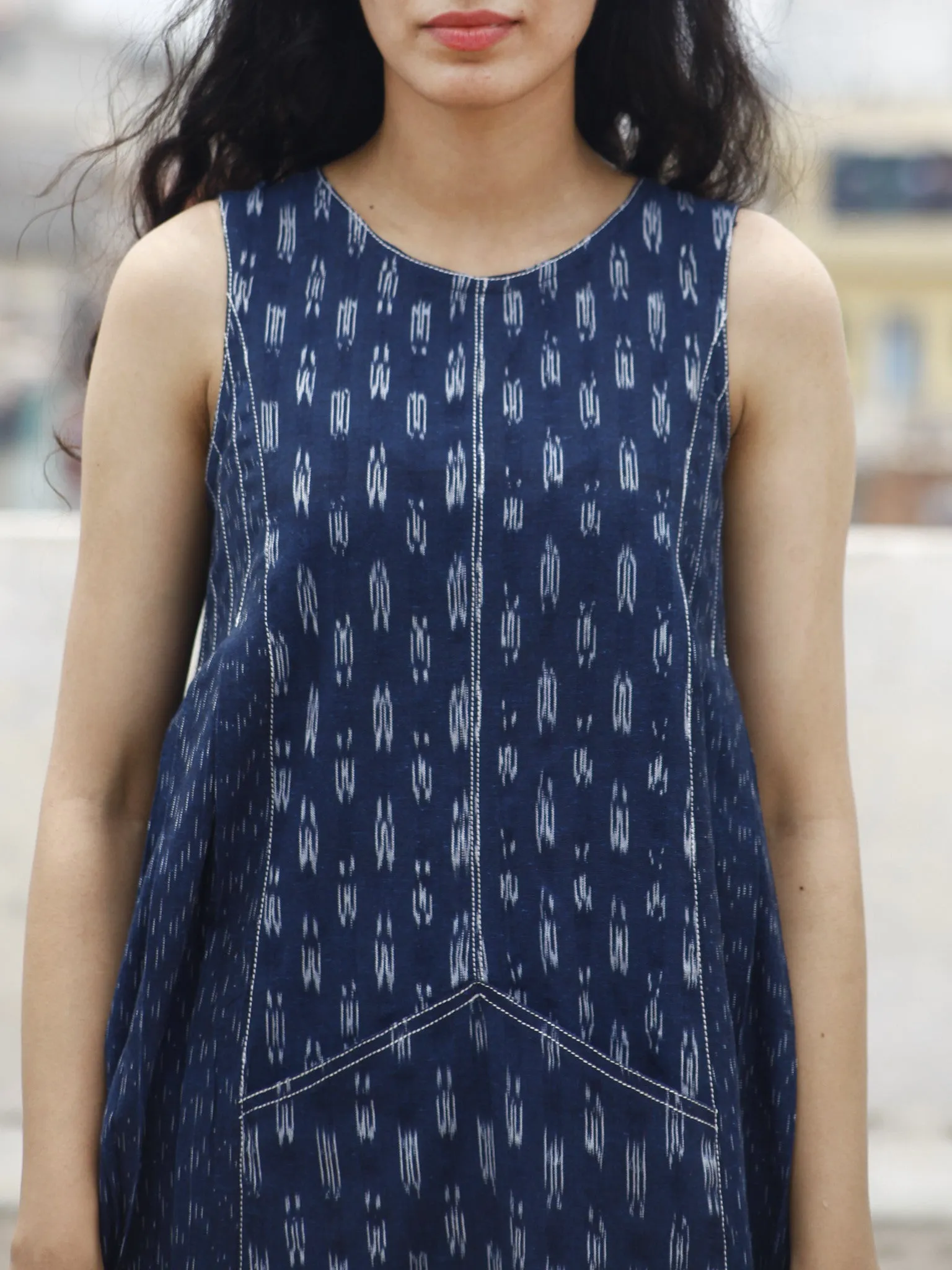 Oxford Blue Ivory Handwoven Ikat Knife Pleated Sleeveless Dress With Front Pockets-  D82F795