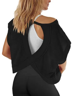 Panadila Womens Open Back Workout Top Oversized Workout T Shirts Backless Athletic Shirt Short Sleeve Baby Tee (Black,M)