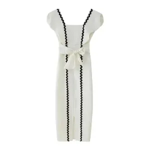 Panelled Patchwork Big Bow Belt Women Party Dress Elegant Pleated Square Collar Female Dresses 2024 Summer Fashion Lady