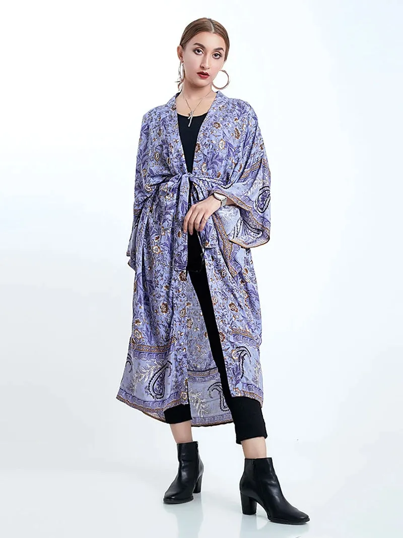 Partywear Floral With Birds Print Purple Color Cotton Long Length Gown Kimono Duster Robe