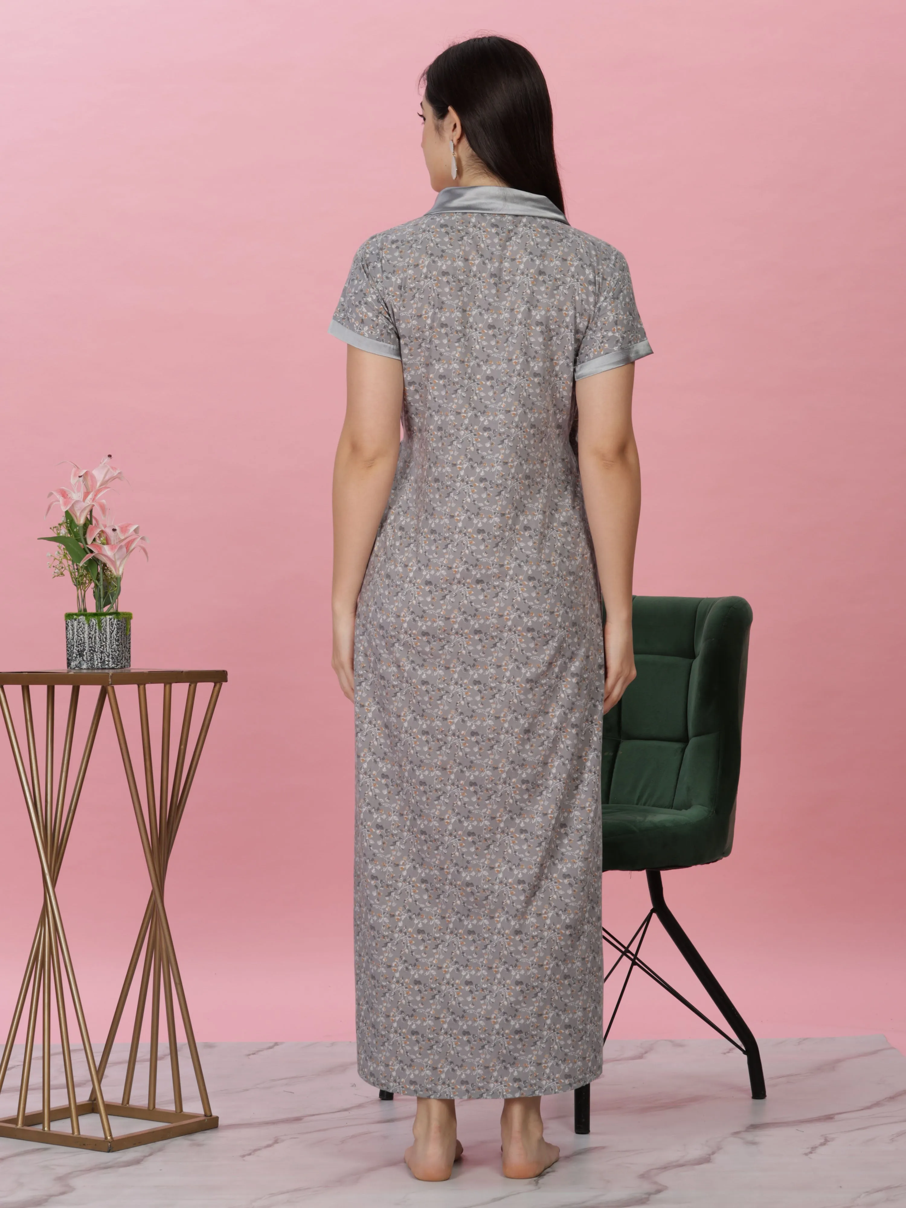 Pastel Grey Wrap Nightdress - Floral House Coat for Elegant Lounging