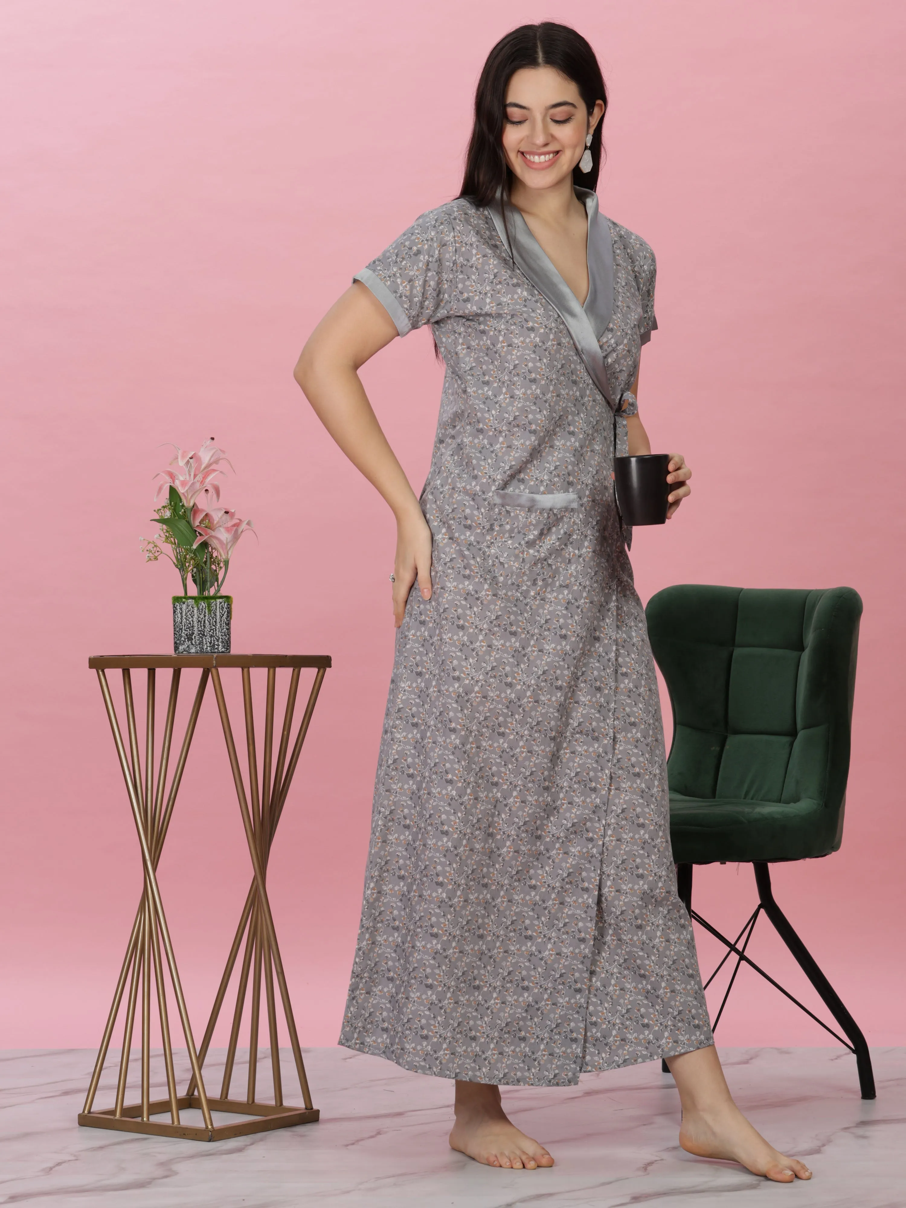 Pastel Grey Wrap Nightdress - Floral House Coat for Elegant Lounging