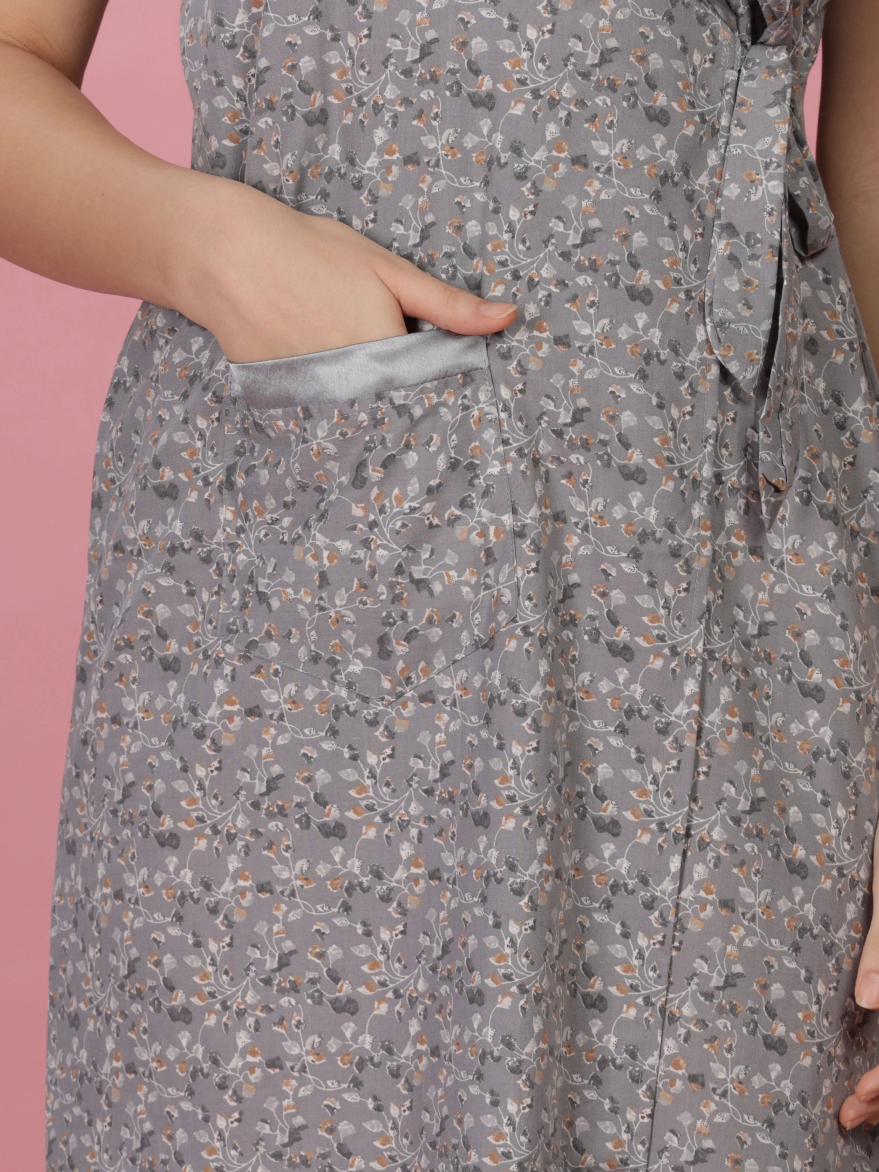 Pastel Grey Wrap Nightdress - Floral House Coat for Elegant Lounging