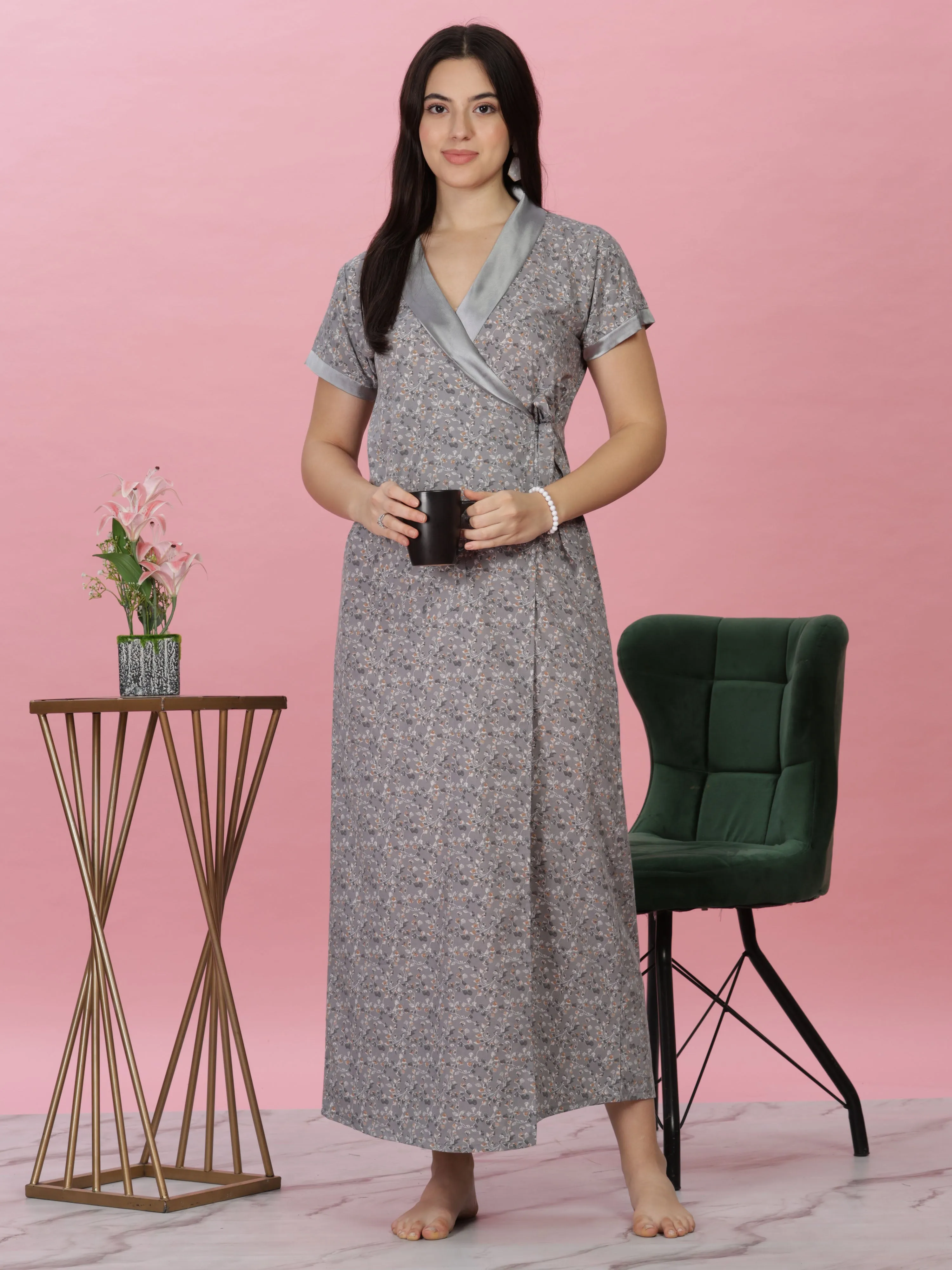 Pastel Grey Wrap Nightdress - Floral House Coat for Elegant Lounging