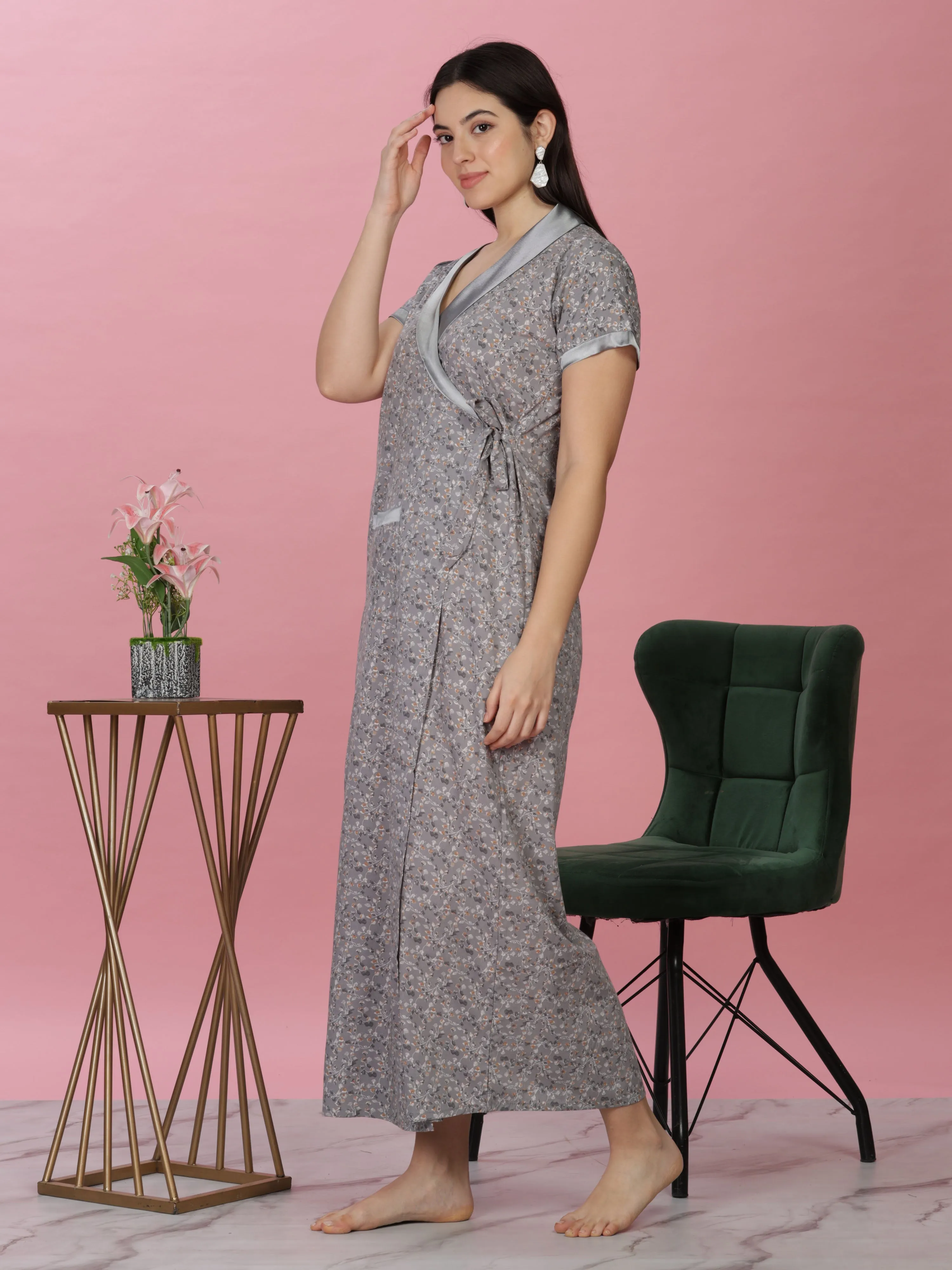 Pastel Grey Wrap Nightdress - Floral House Coat for Elegant Lounging