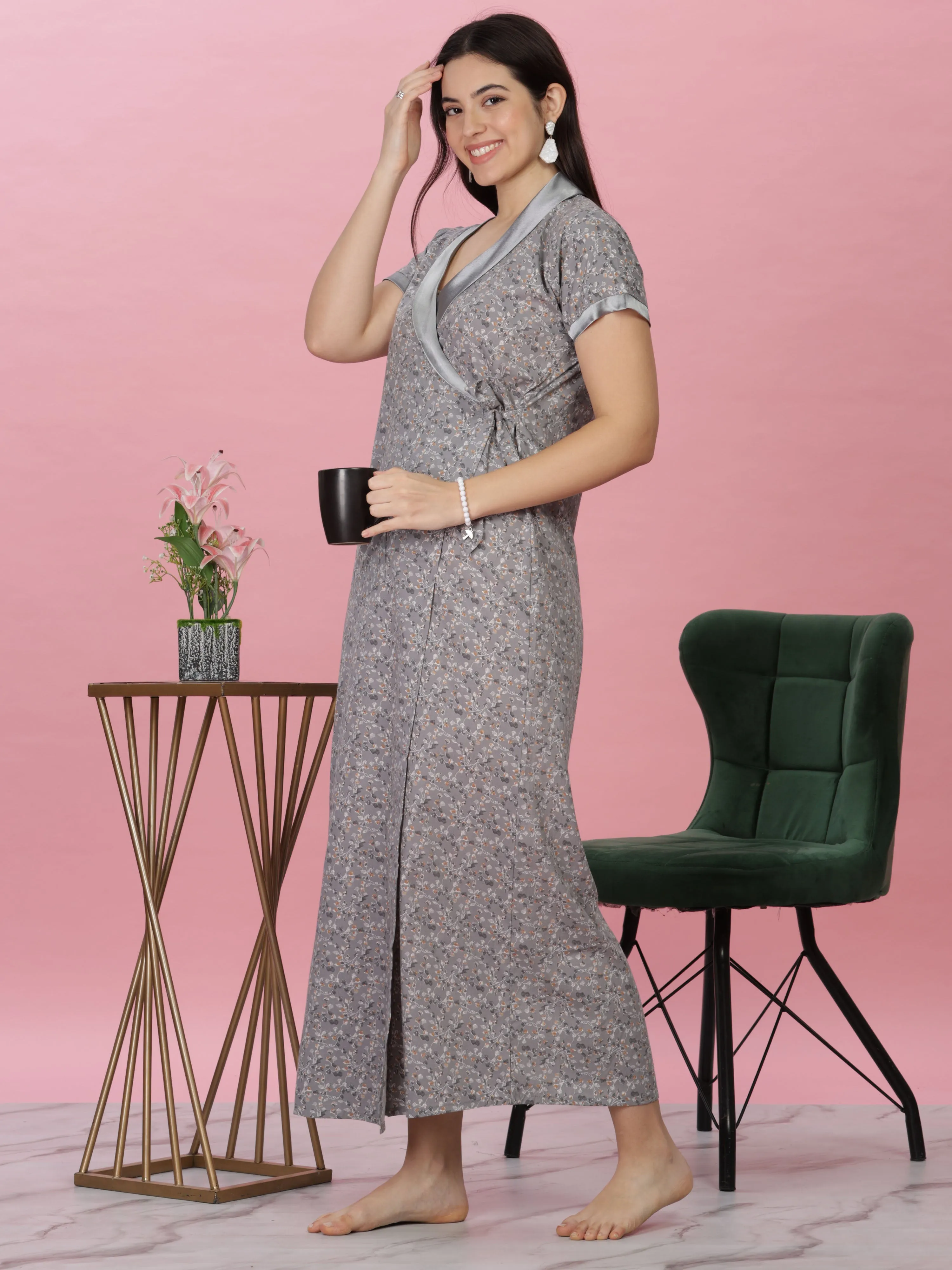 Pastel Grey Wrap Nightdress - Floral House Coat for Elegant Lounging