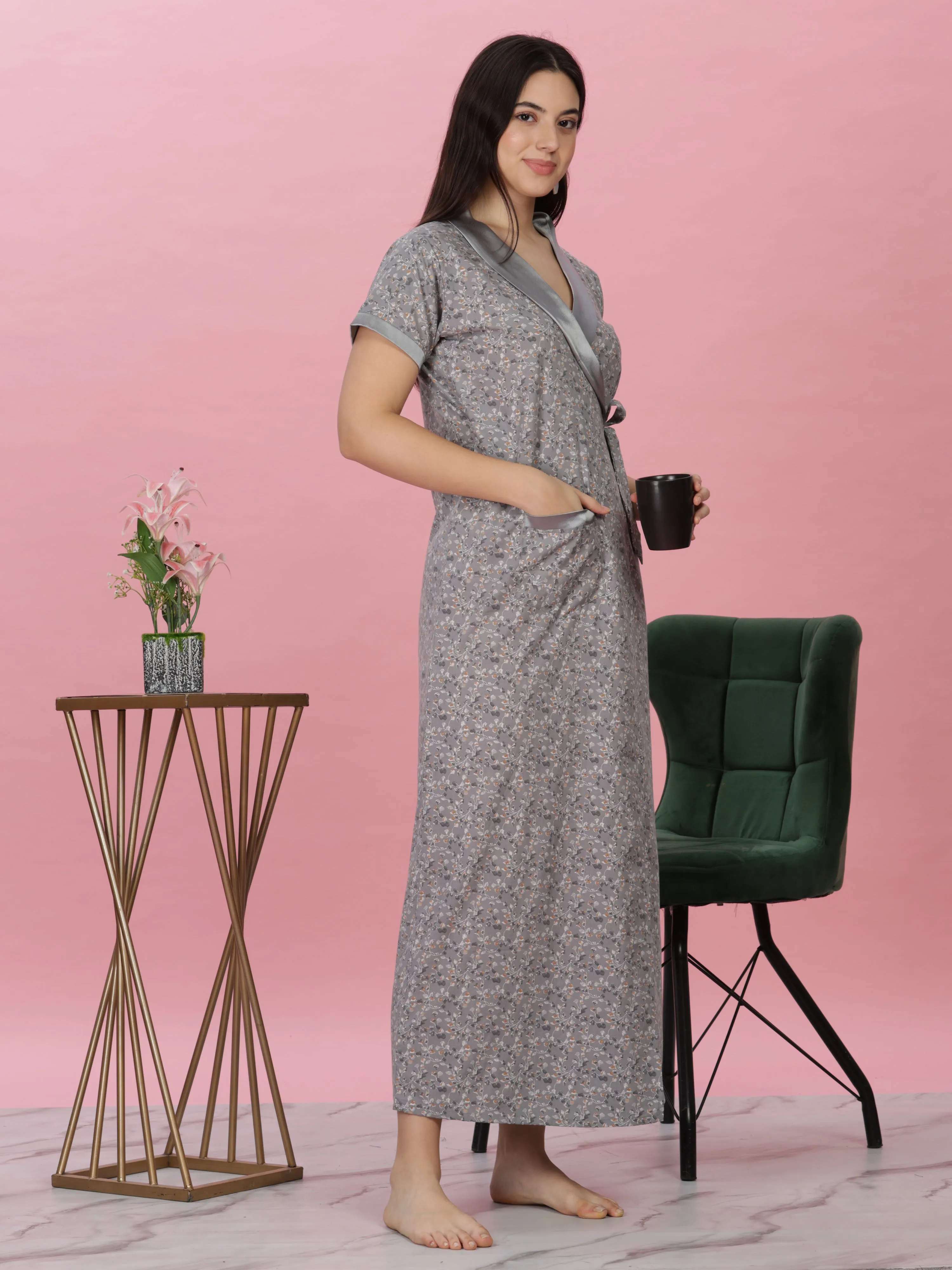 Pastel Grey Wrap Nightdress - Floral House Coat for Elegant Lounging