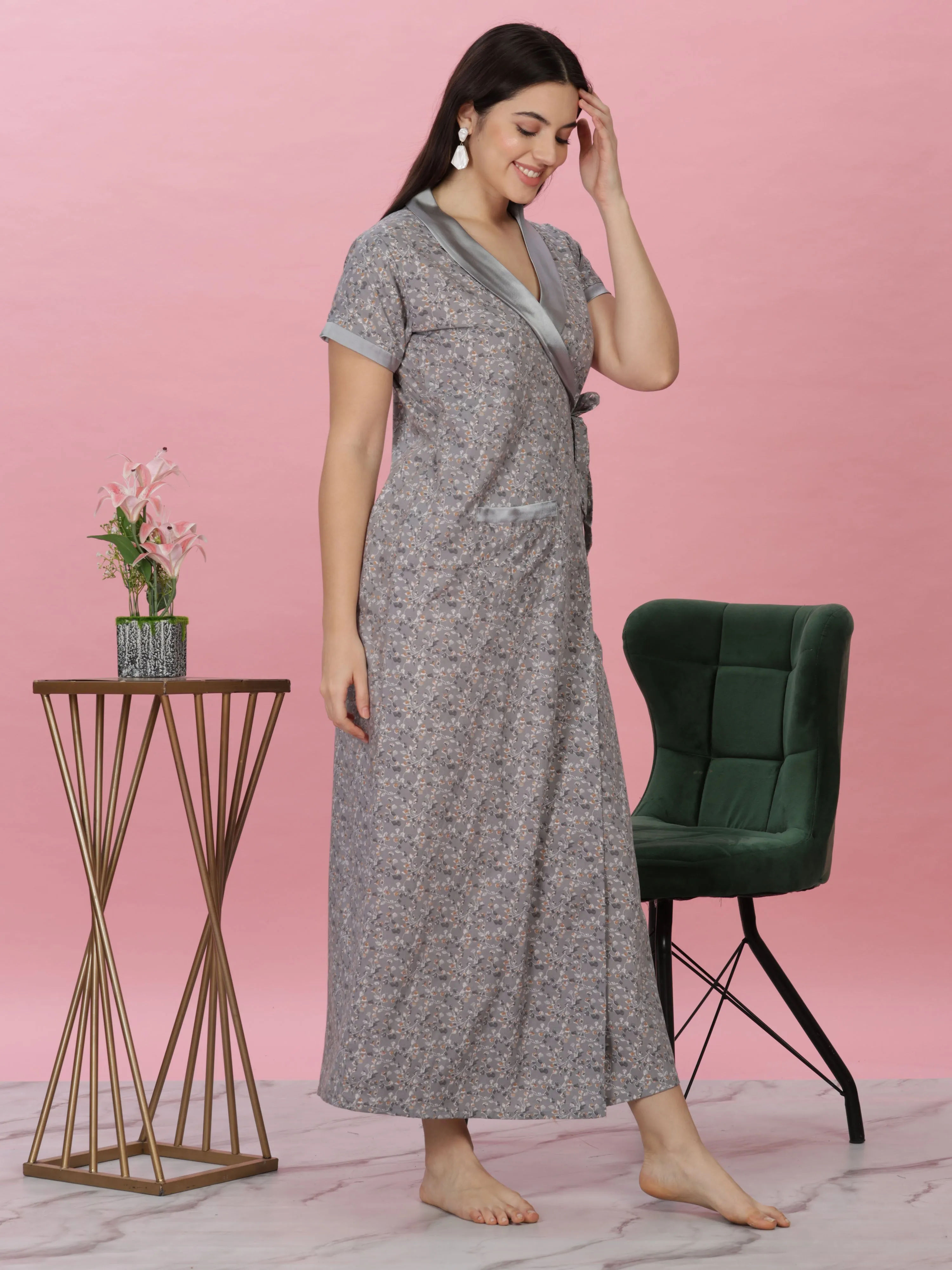 Pastel Grey Wrap Nightdress - Floral House Coat for Elegant Lounging