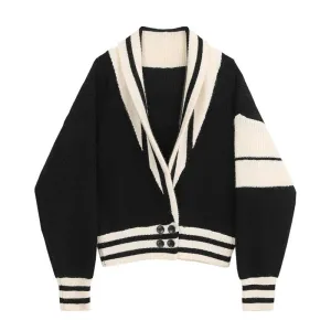 Patchwork Striped Korean Cardigans For Women V Neck Long Sleeve Casual Sweaters Female Autumn Fashion