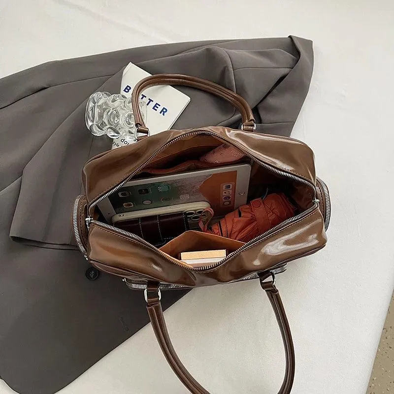 Patent Leather Shoulder Bags Women Zipper with Outer Pockets Large Handbag Purse