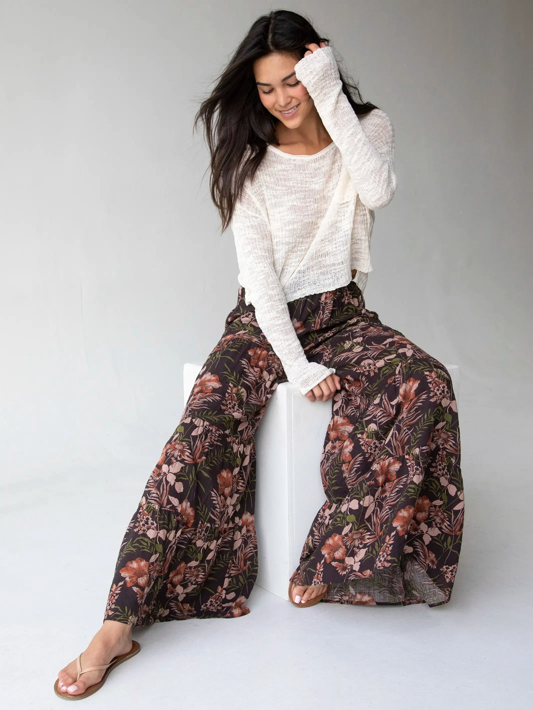 Patti Palazzo Pant - Brown Orange Hibiscus