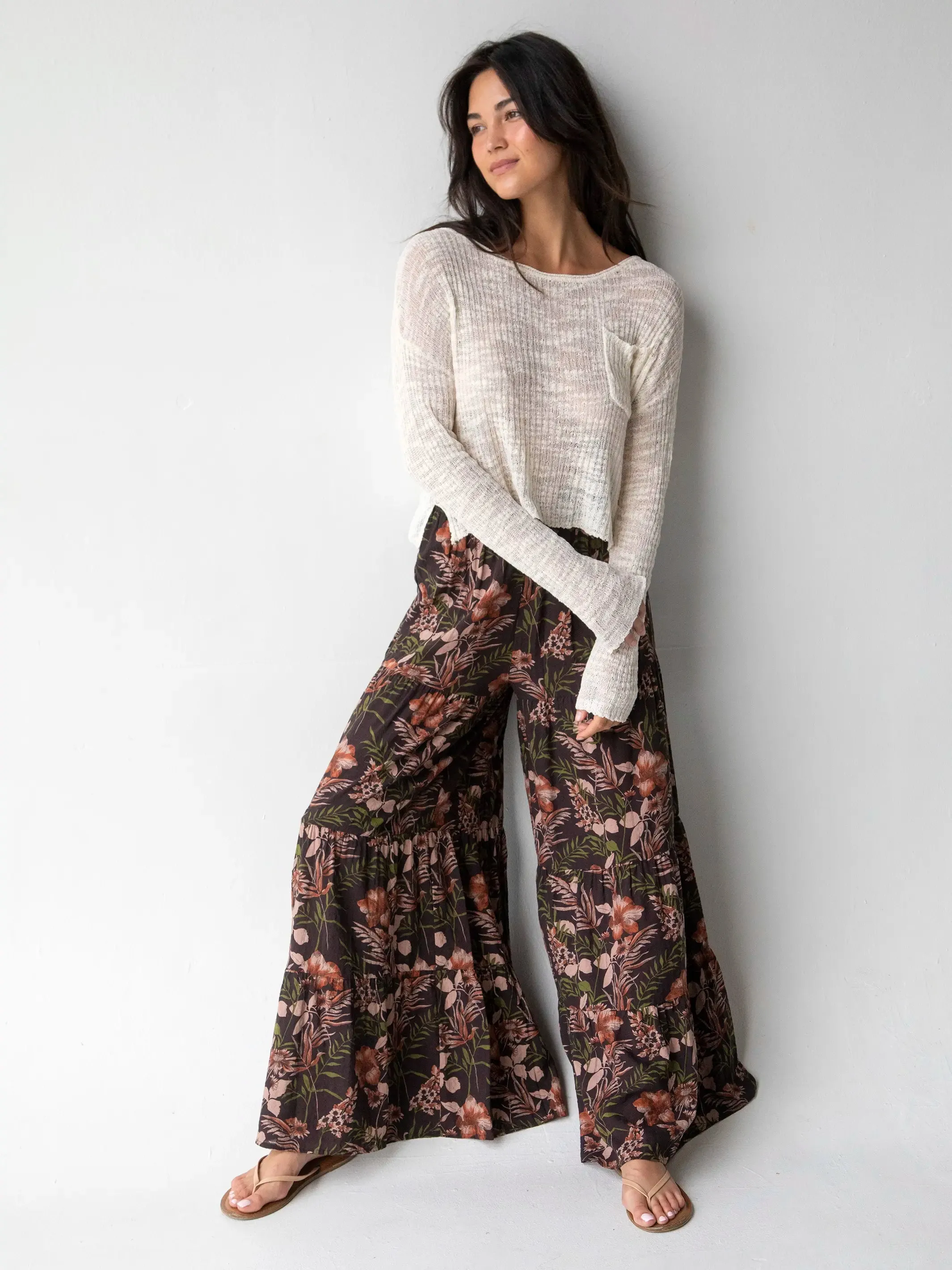 Patti Palazzo Pant - Brown Orange Hibiscus