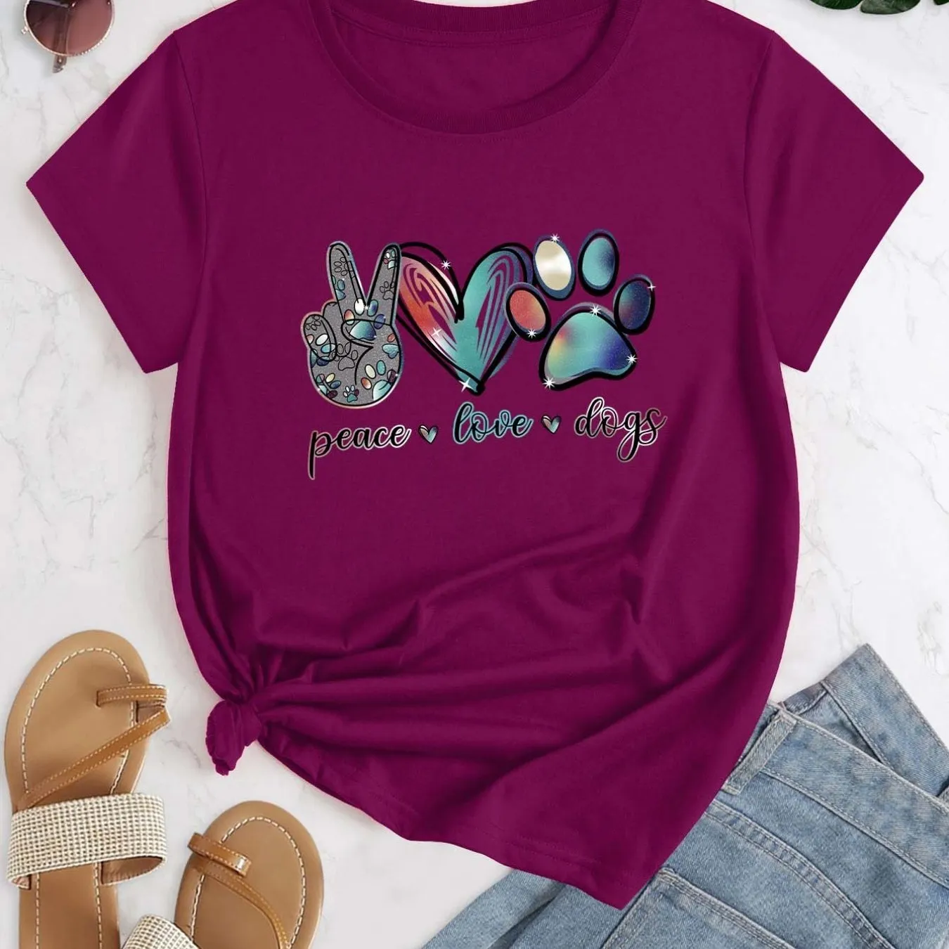 'Peace Love Dogs' Colorful Letter T-Shirt, Cute Short Sleeve Crew Neck Shirt, Casual Every Day Tops, Women's Clothing