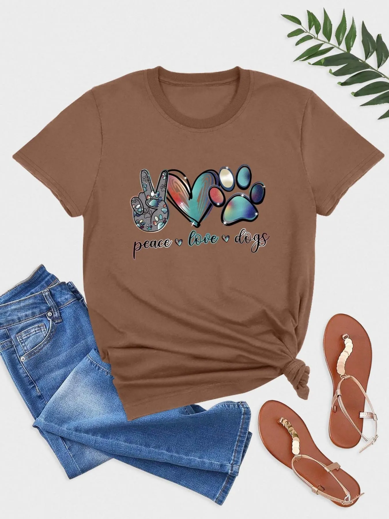 'Peace Love Dogs' Colorful Letter T-Shirt, Cute Short Sleeve Crew Neck Shirt, Casual Every Day Tops, Women's Clothing