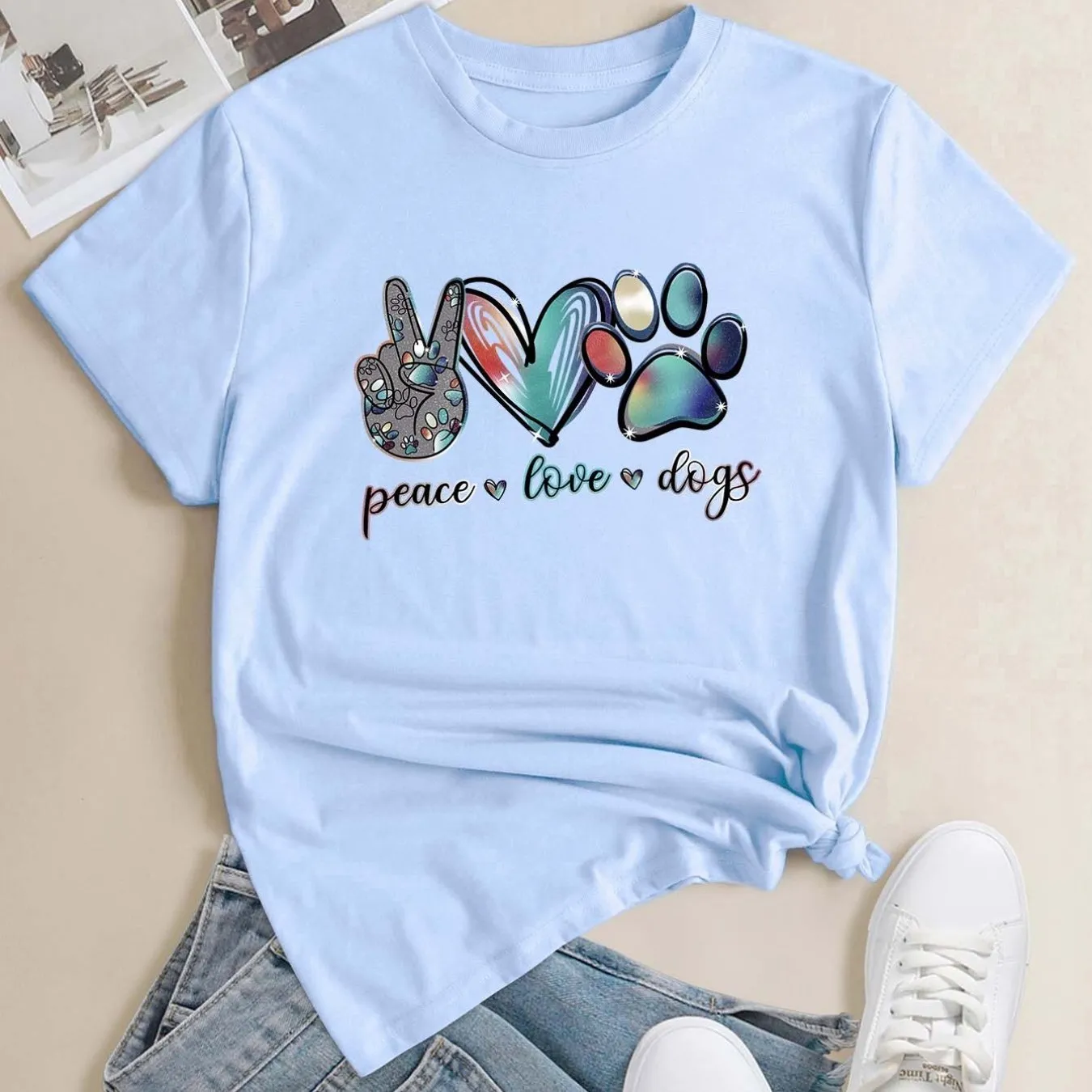 'Peace Love Dogs' Colorful Letter T-Shirt, Cute Short Sleeve Crew Neck Shirt, Casual Every Day Tops, Women's Clothing