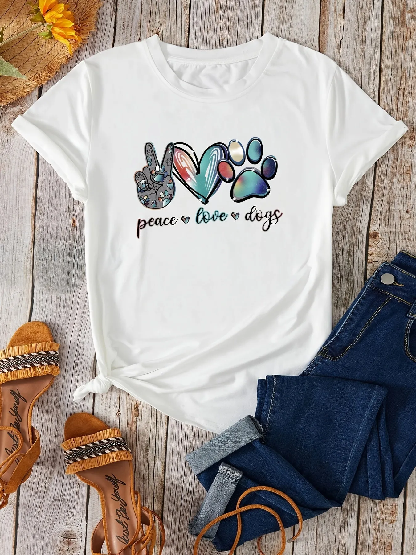'Peace Love Dogs' Colorful Letter T-Shirt, Cute Short Sleeve Crew Neck Shirt, Casual Every Day Tops, Women's Clothing