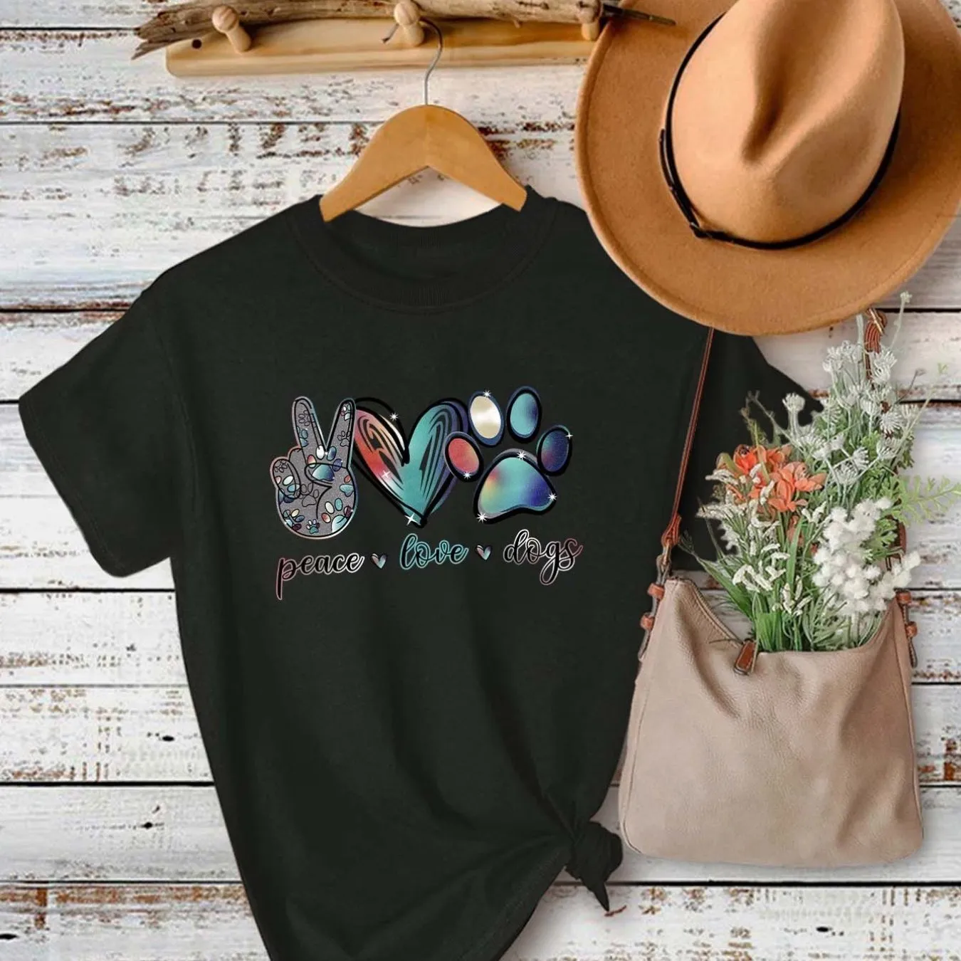 'Peace Love Dogs' Colorful Letter T-Shirt, Cute Short Sleeve Crew Neck Shirt, Casual Every Day Tops, Women's Clothing