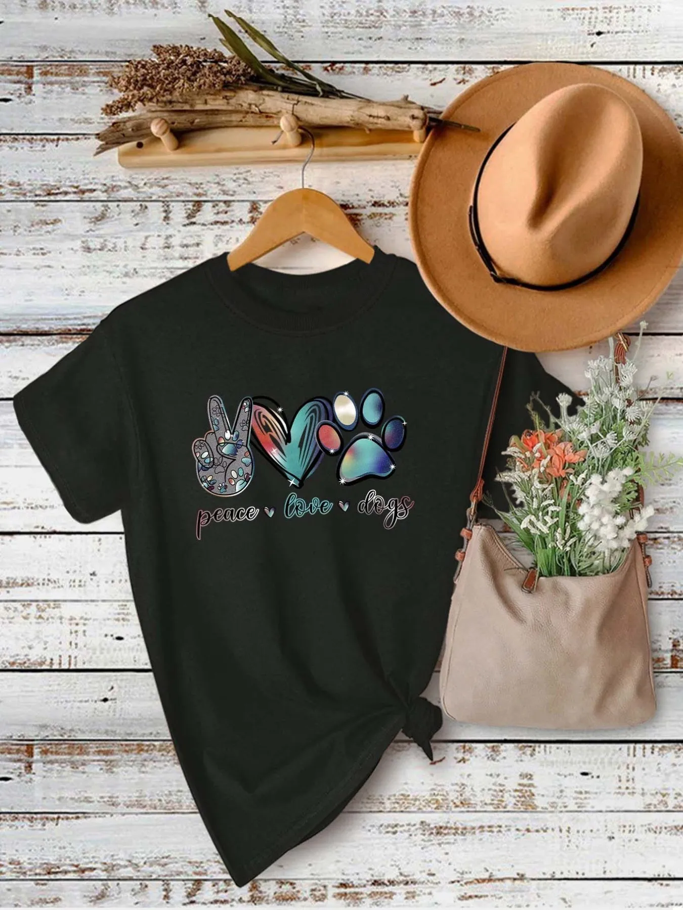 'Peace Love Dogs' Colorful Letter T-Shirt, Cute Short Sleeve Crew Neck Shirt, Casual Every Day Tops, Women's Clothing