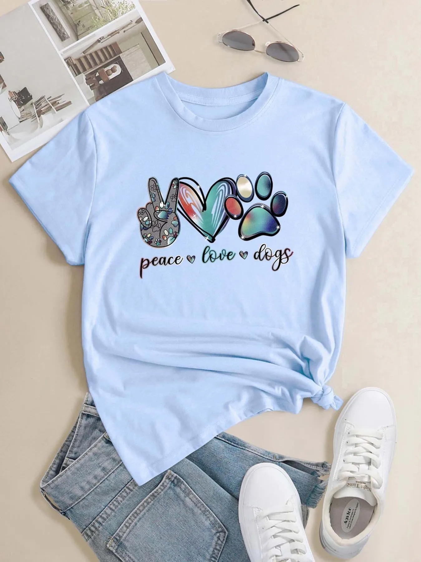 'Peace Love Dogs' Colorful Letter T-Shirt, Cute Short Sleeve Crew Neck Shirt, Casual Every Day Tops, Women's Clothing