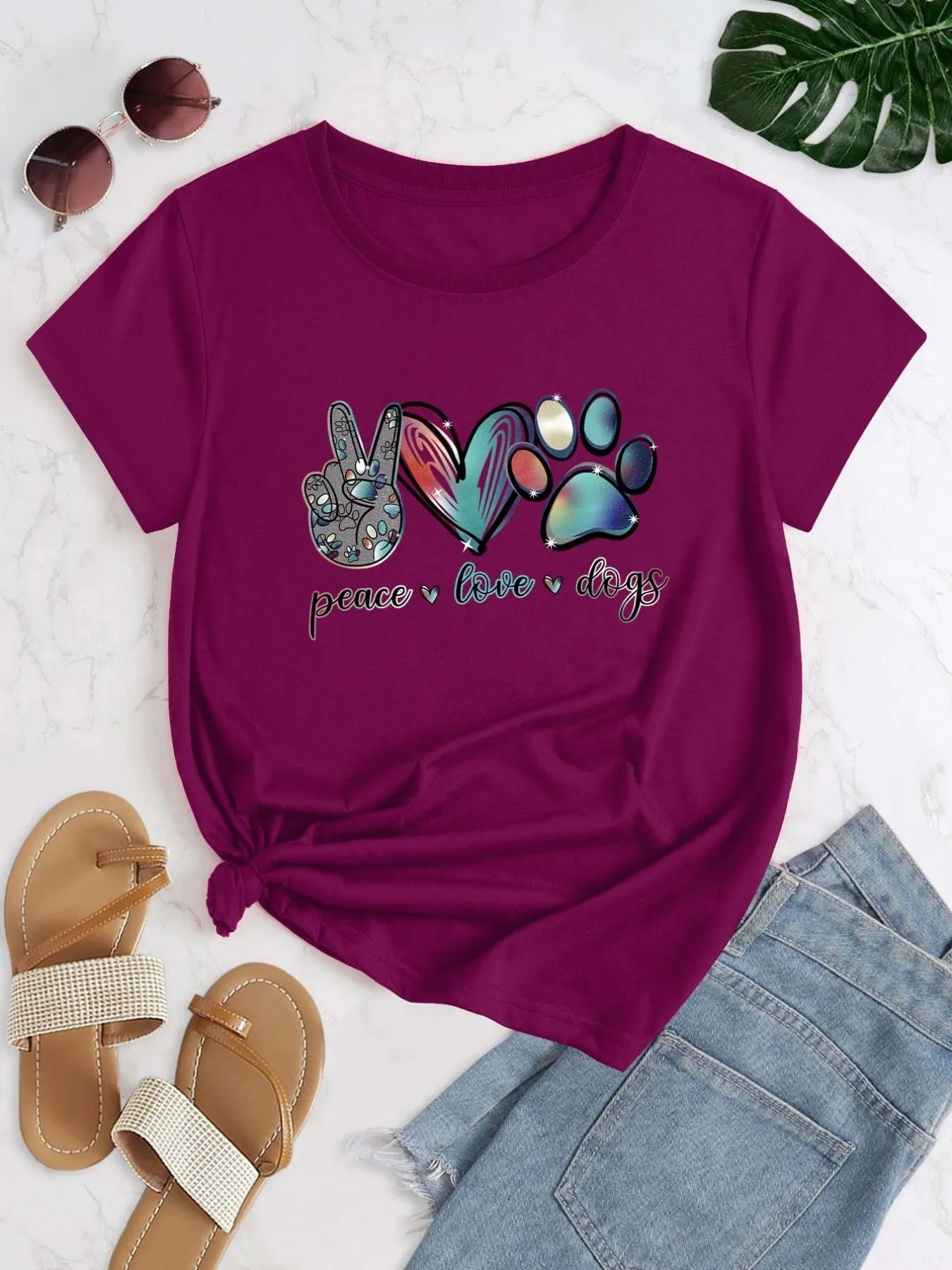 'Peace Love Dogs' Colorful Letter T-Shirt, Cute Short Sleeve Crew Neck Shirt, Casual Every Day Tops, Women's Clothing