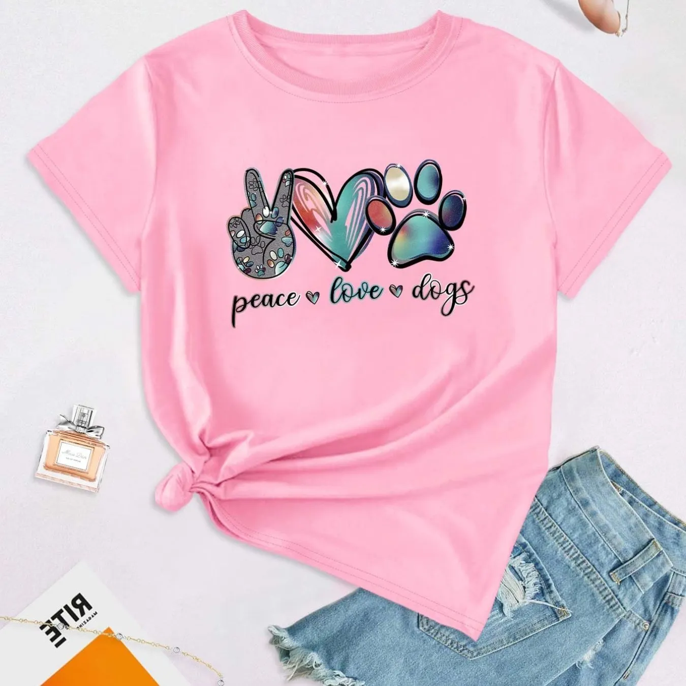 'Peace Love Dogs' Colorful Letter T-Shirt, Cute Short Sleeve Crew Neck Shirt, Casual Every Day Tops, Women's Clothing