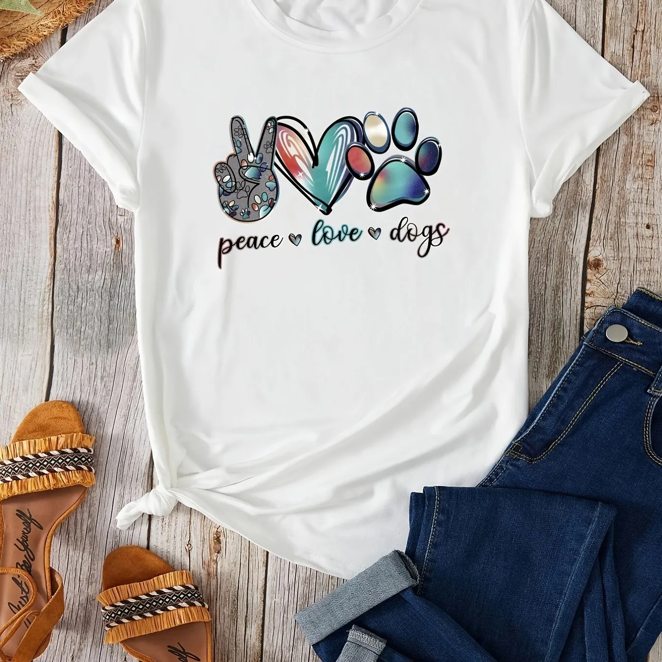 'Peace Love Dogs' Colorful Letter T-Shirt, Cute Short Sleeve Crew Neck Shirt, Casual Every Day Tops, Women's Clothing