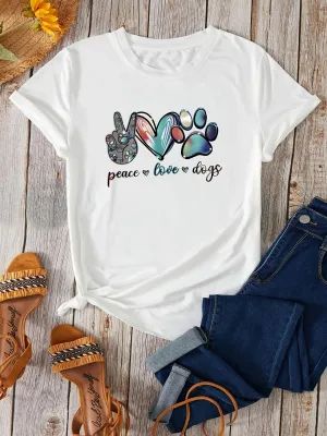 'Peace Love Dogs' Colorful Letter T-Shirt, Cute Short Sleeve Crew Neck Shirt, Casual Every Day Tops, Women's Clothing