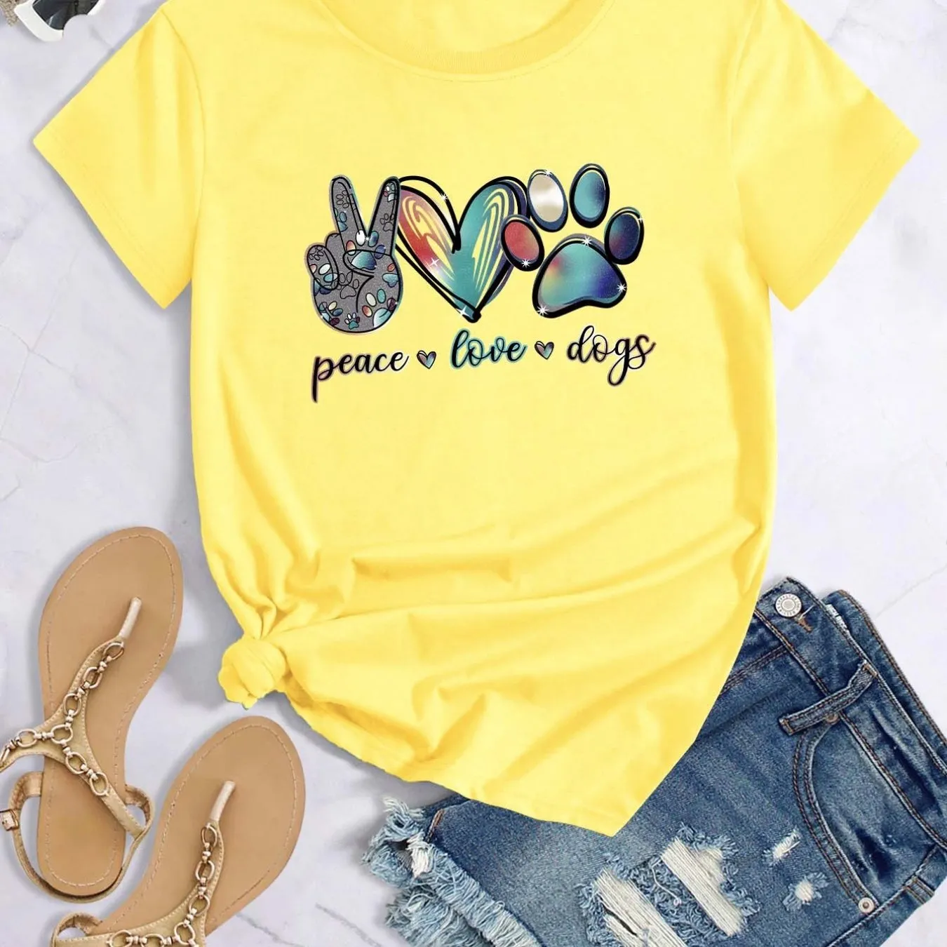 'Peace Love Dogs' Colorful Letter T-Shirt, Cute Short Sleeve Crew Neck Shirt, Casual Every Day Tops, Women's Clothing