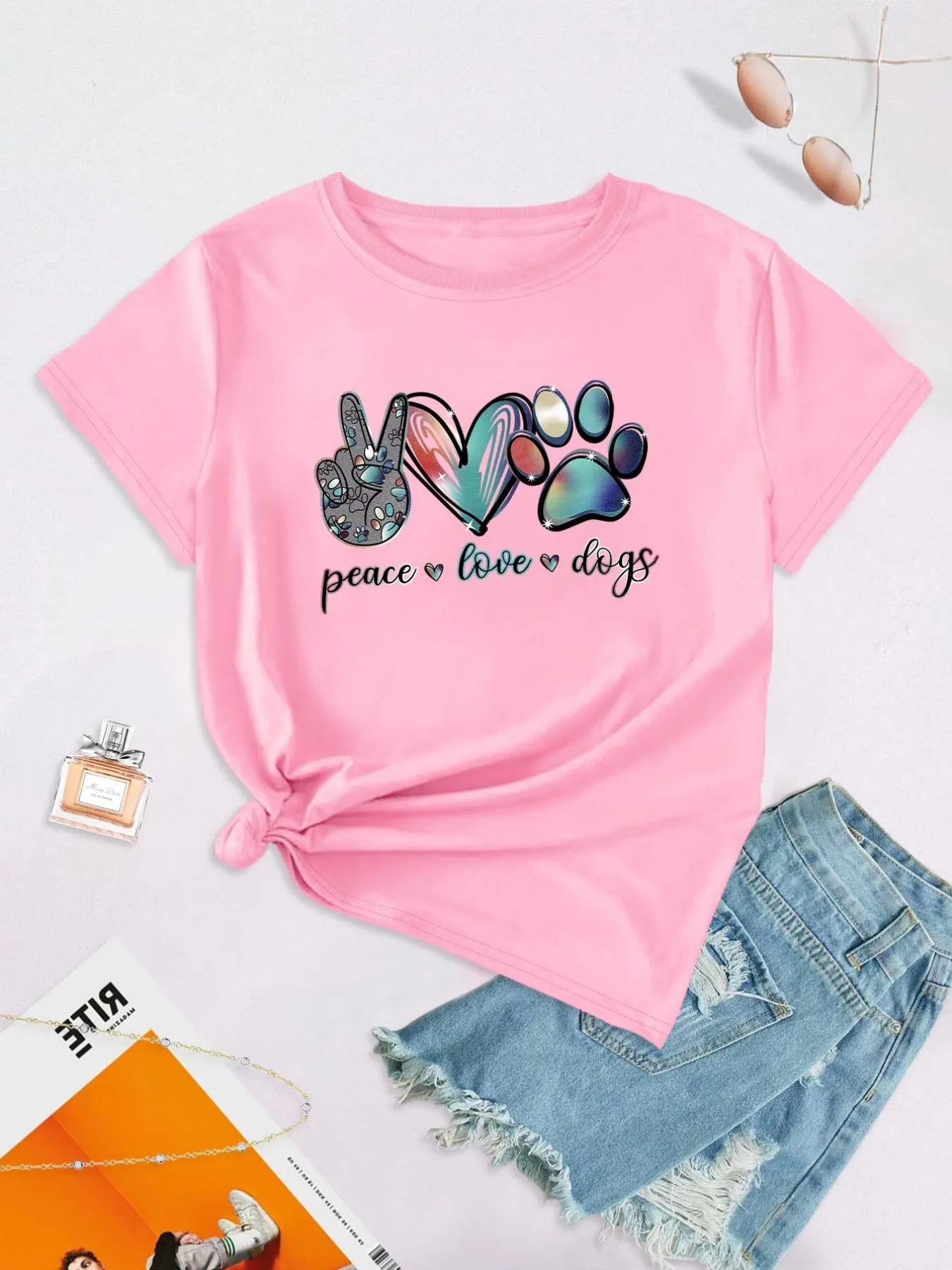 'Peace Love Dogs' Colorful Letter T-Shirt, Cute Short Sleeve Crew Neck Shirt, Casual Every Day Tops, Women's Clothing