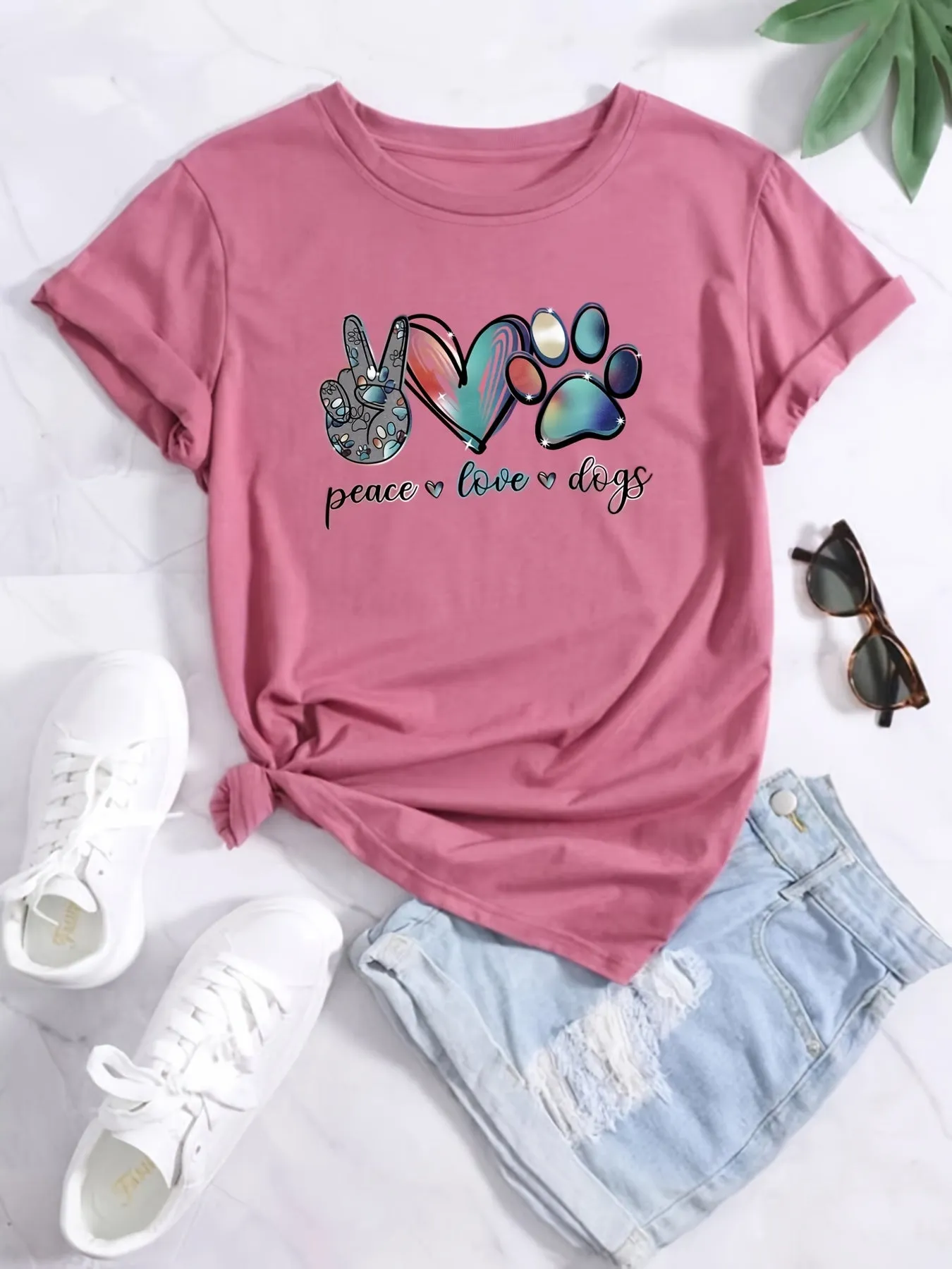 'Peace Love Dogs' Colorful Letter T-Shirt, Cute Short Sleeve Crew Neck Shirt, Casual Every Day Tops, Women's Clothing