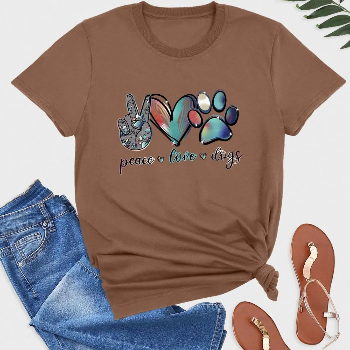 'Peace Love Dogs' Colorful Letter T-Shirt, Cute Short Sleeve Crew Neck Shirt, Casual Every Day Tops, Women's Clothing